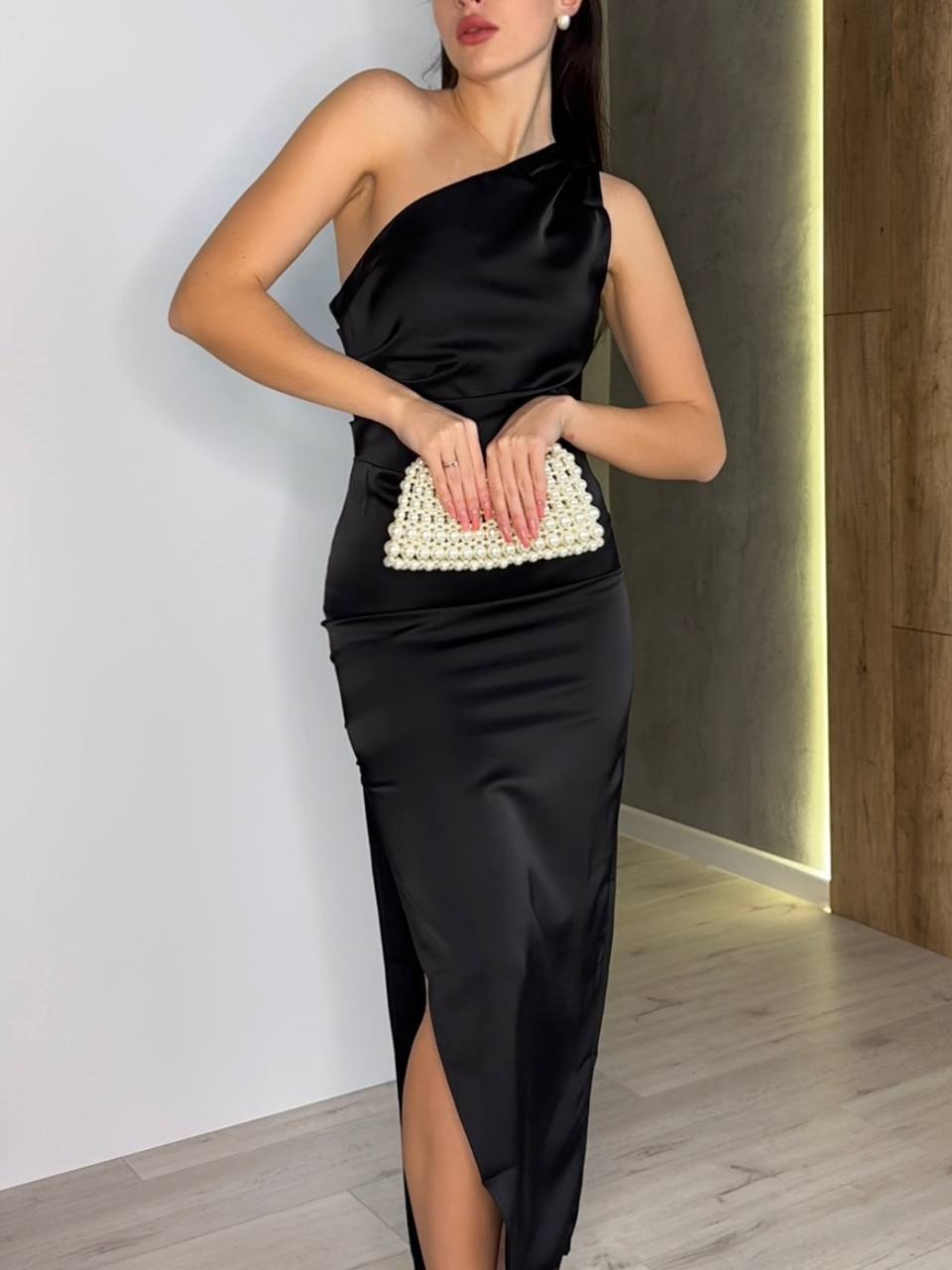 Double Satin One-Shoulder Maxi Dress – Festive Evening Dress