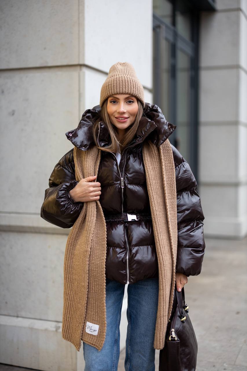 Premium Oversized Satin-Shine Puffer Jacket – Dark Brown