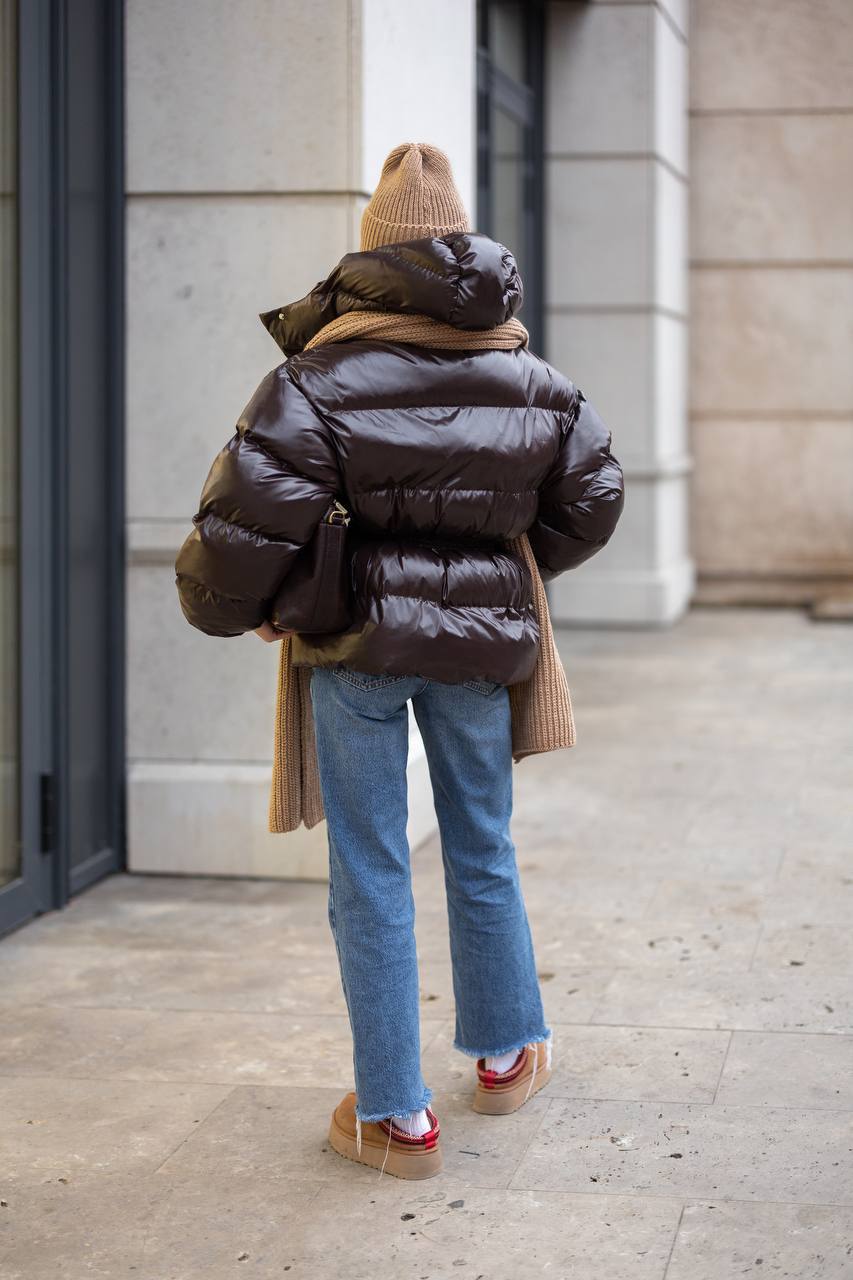 Premium Oversized Satin-Shine Puffer Jacket – Dark Brown