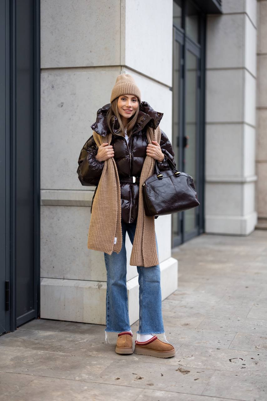 Premium Oversized Satin-Shine Puffer Jacket – Dark Brown