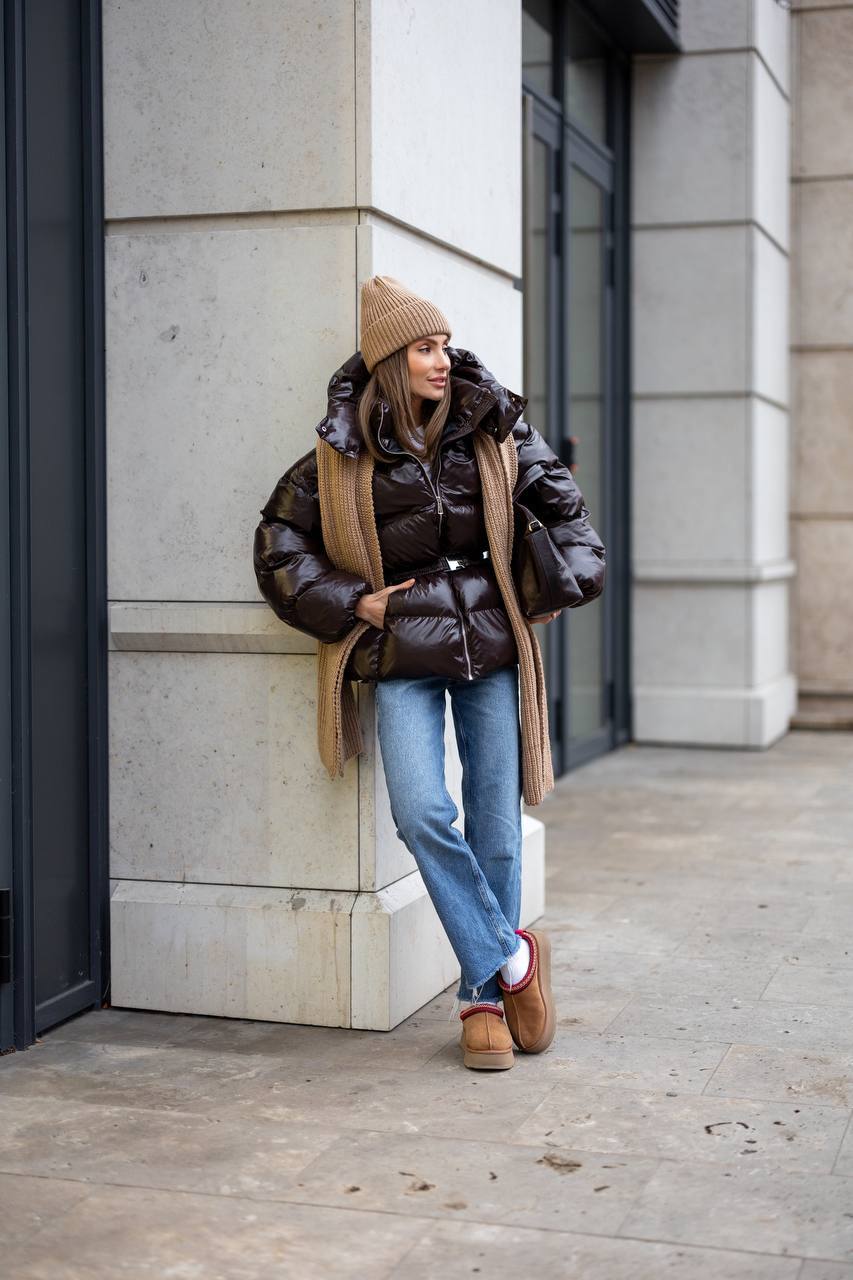 Premium Oversized Satin-Shine Puffer Jacket – Dark Brown