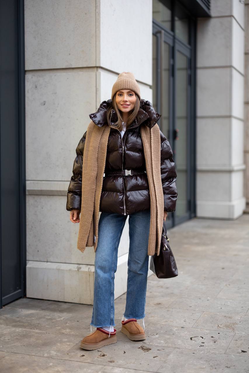 Premium Oversized Satin-Shine Puffer Jacket – Dark Brown