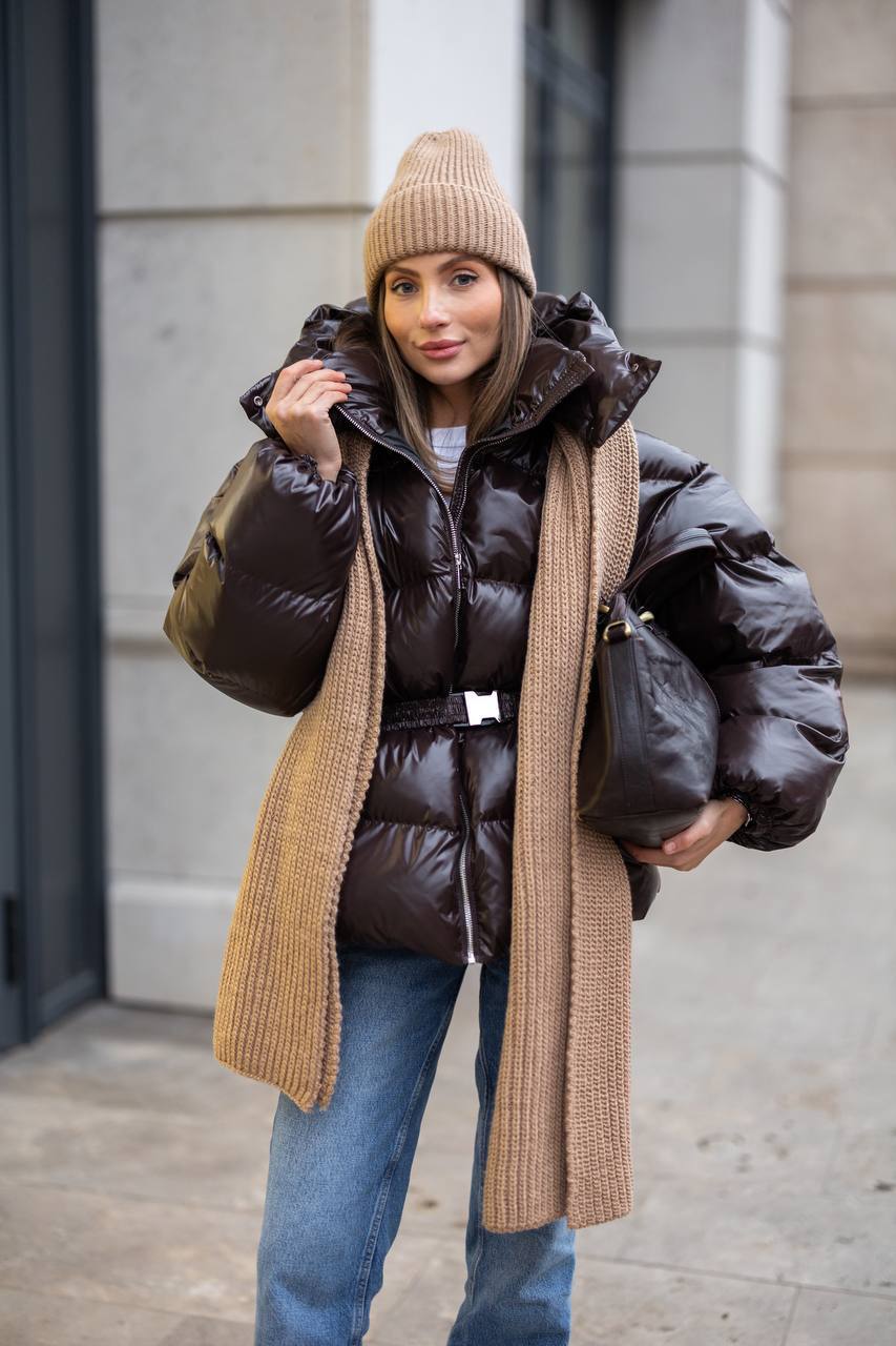 Premium Oversized Satin-Shine Puffer Jacket – Dark Brown