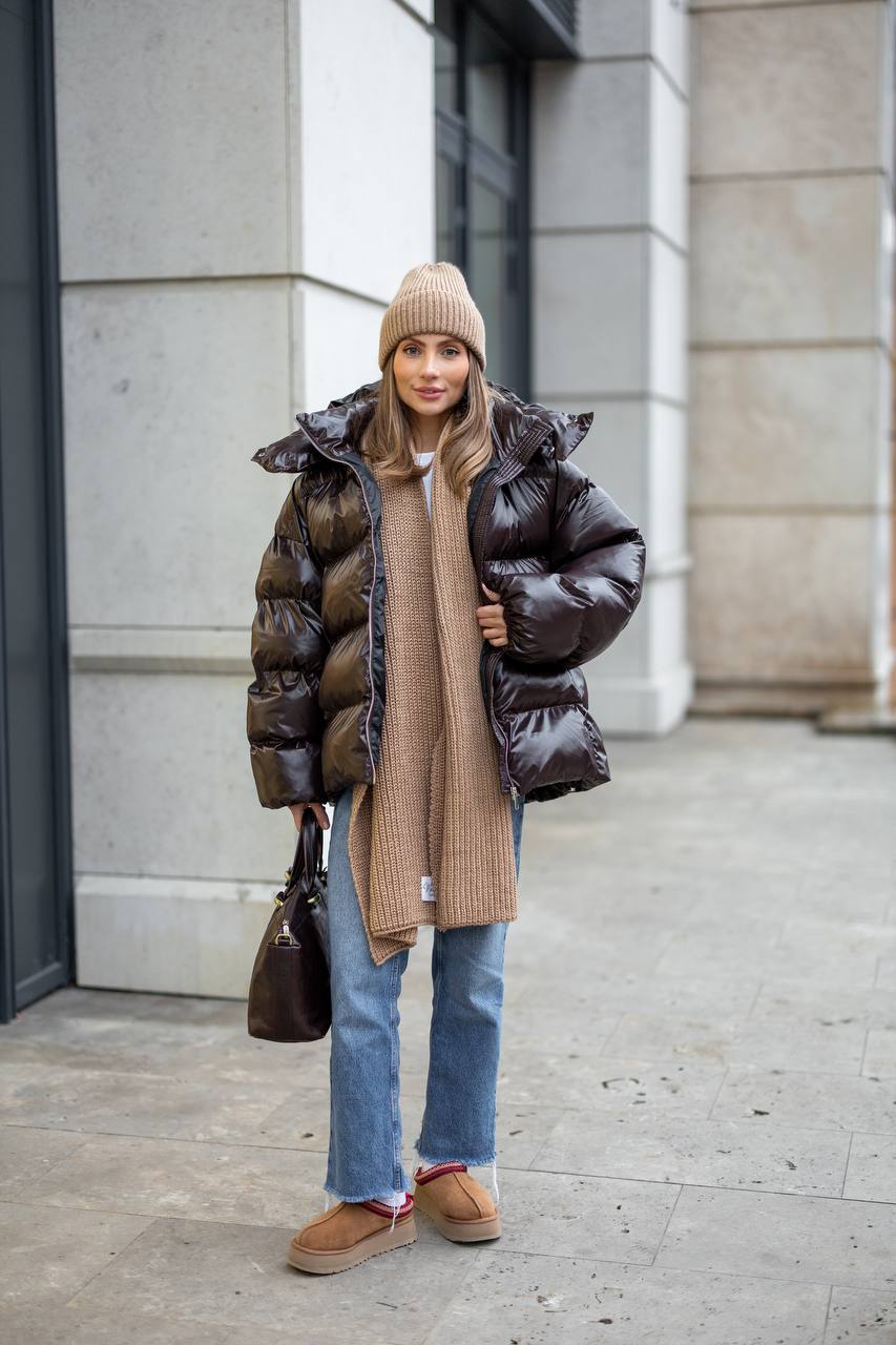 Premium Oversized Satin-Shine Puffer Jacket – Dark Brown