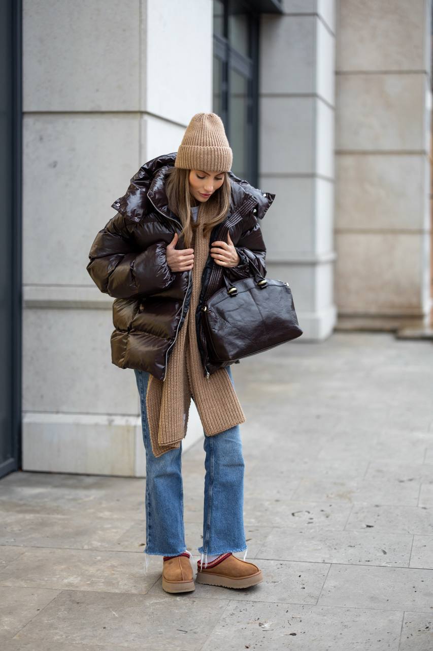 Premium Oversized Satin-Shine Puffer Jacket – Dark Brown