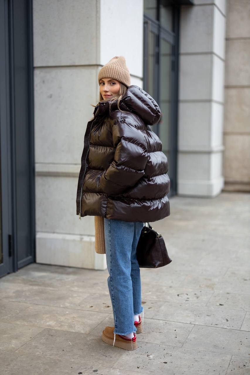 Premium Oversized Satin-Shine Puffer Jacket – Dark Brown