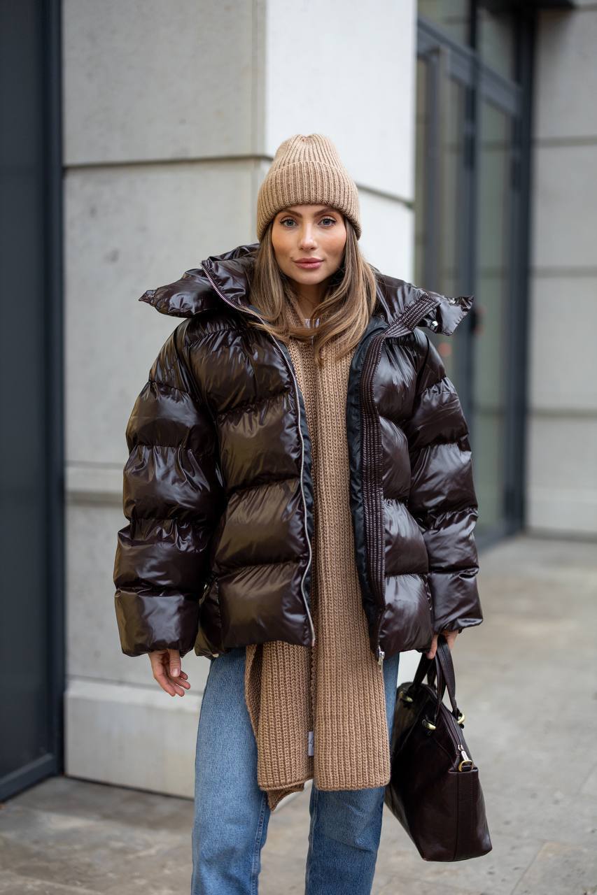 Premium Oversized Satin-Shine Puffer Jacket – Dark Brown