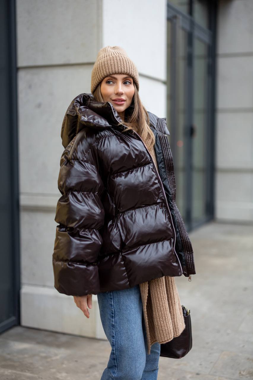 Premium Oversized Satin-Shine Puffer Jacket – Dark Brown