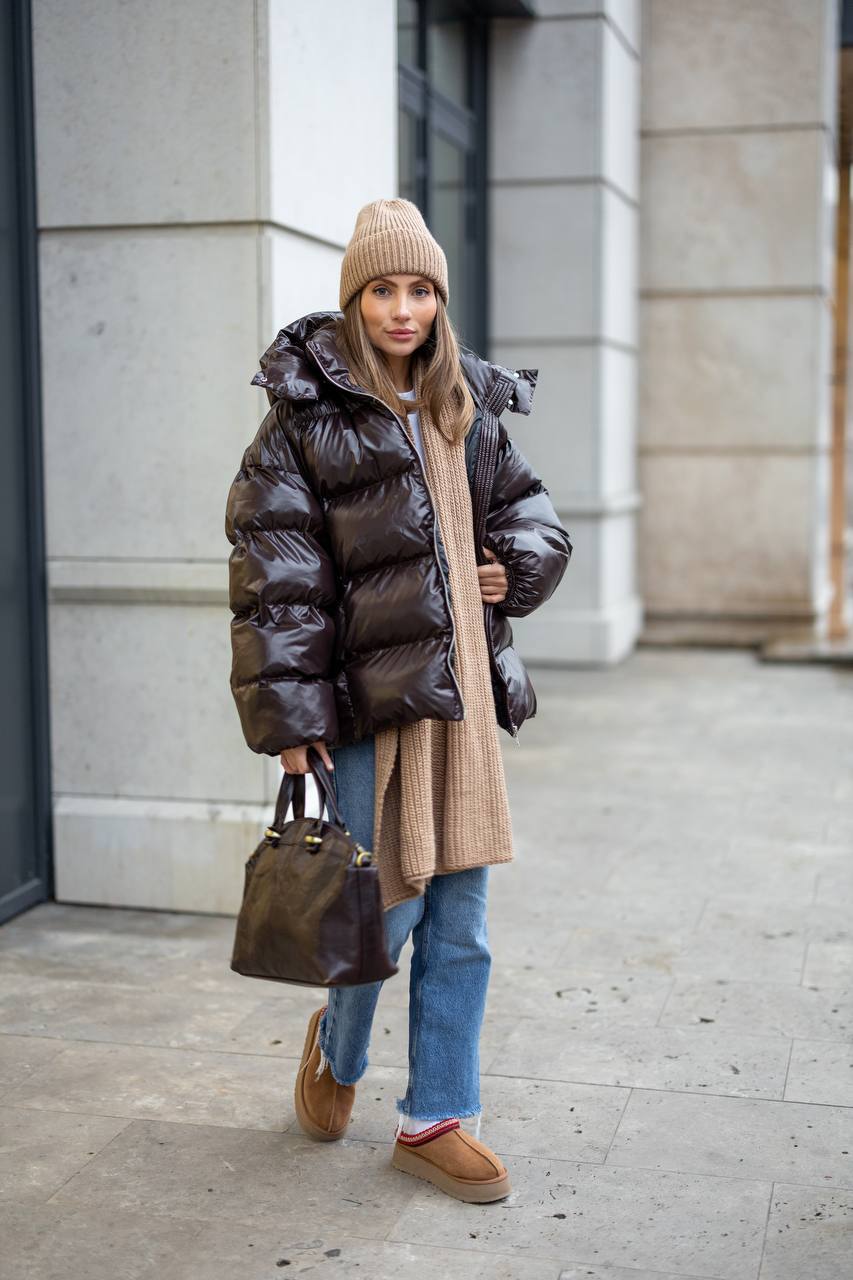 Premium Oversized Satin-Shine Puffer Jacket – Dark Brown