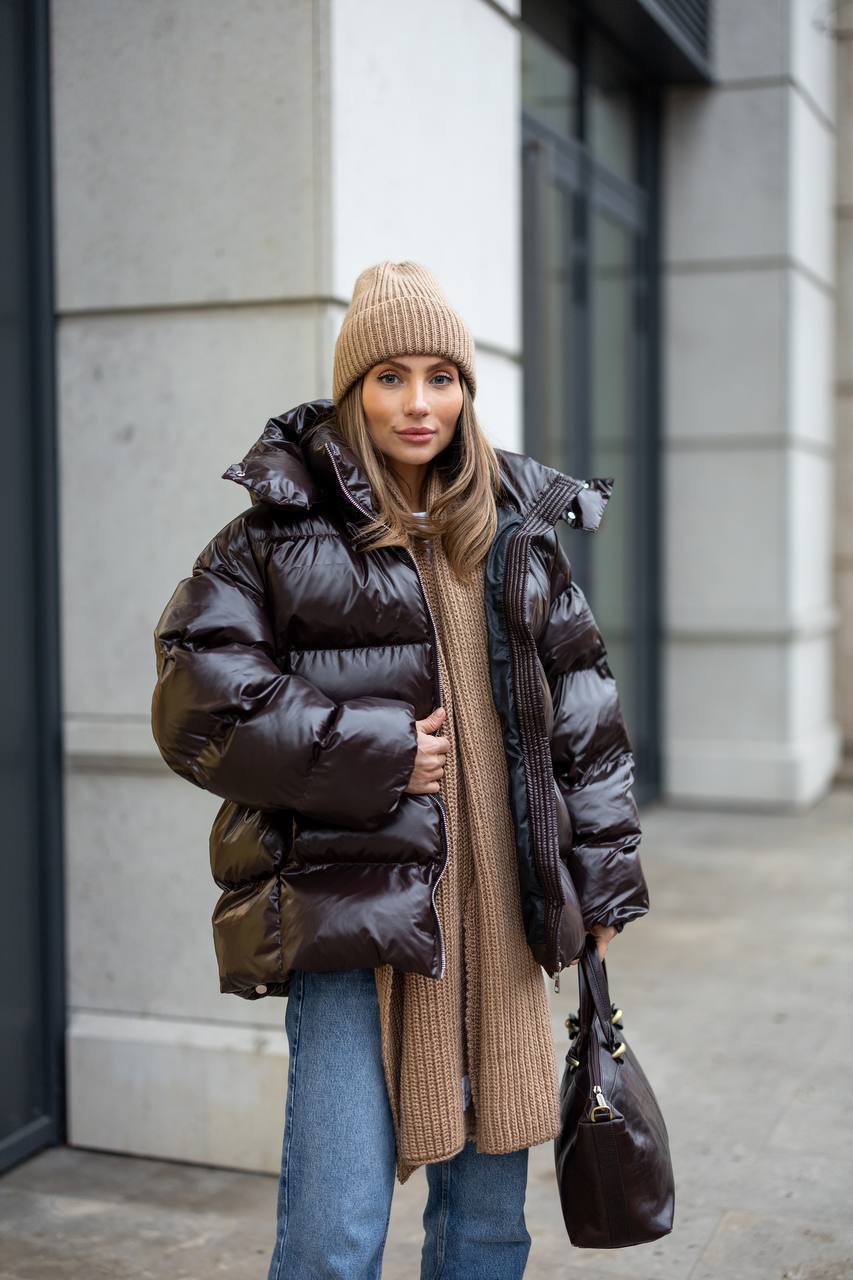 Premium Oversized Satin-Shine Puffer Jacket – Dark Brown