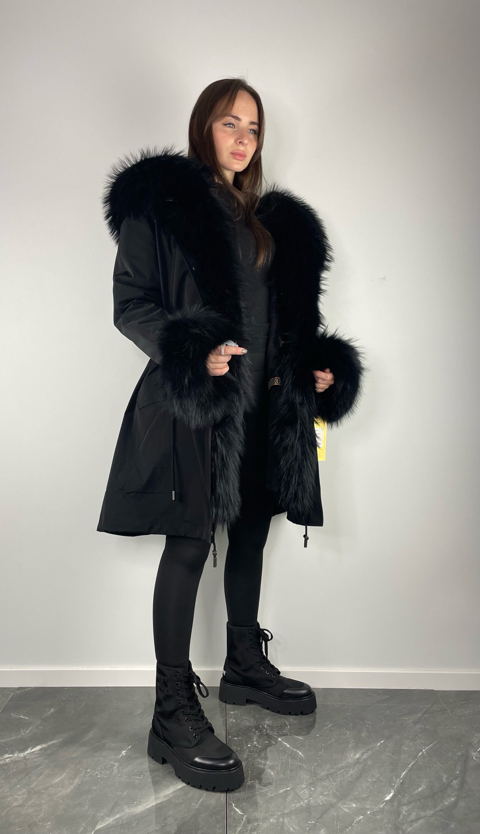 Parka LUX Black (BF99) / Black Raccoon fur (M22) / Rex for women 95 cm