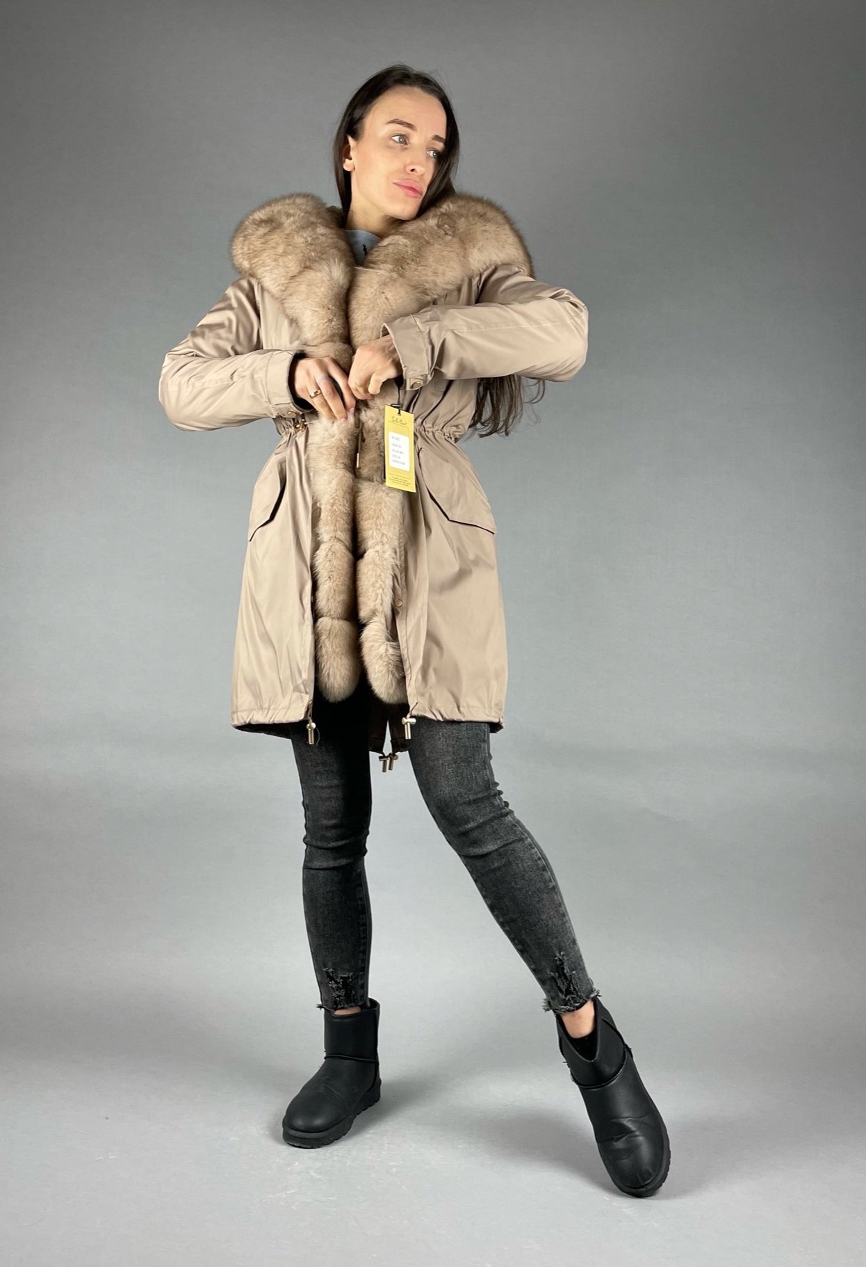 Parka LUX Camel (92) with white-yellow fur (M66) / Rex for women 95 cm