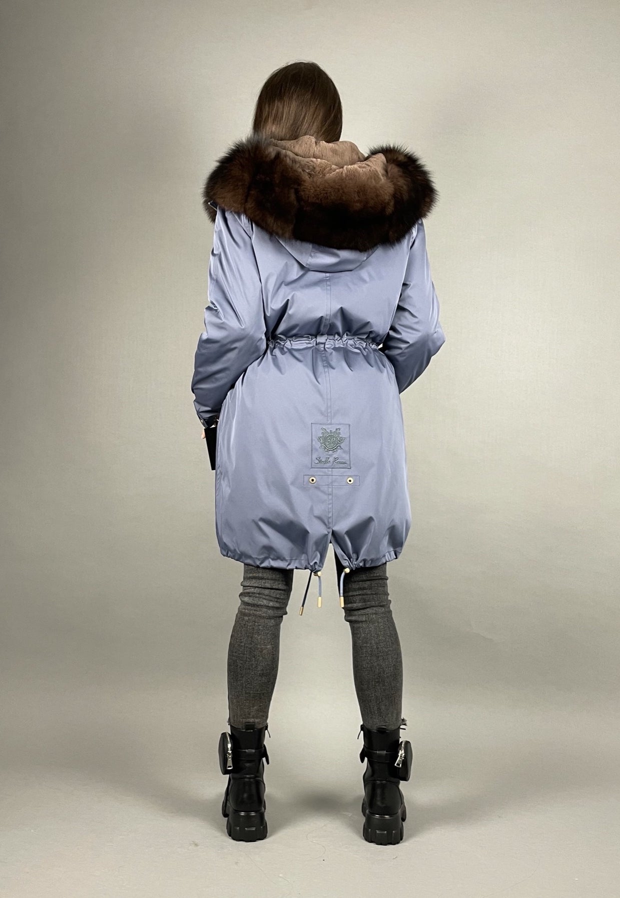 Parka LUX Blue (191) ar brūnu kažokādu (M3) Rex sievietēm 95 cm