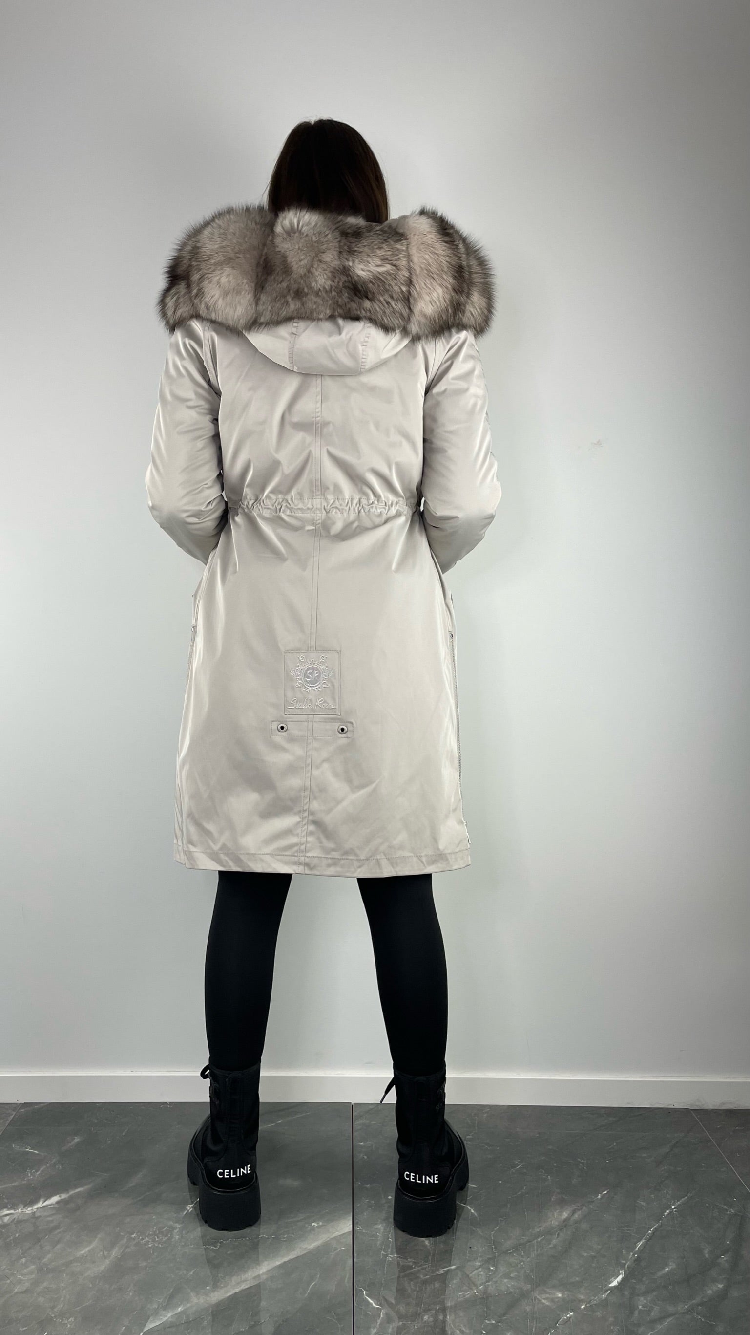 Parka LUX Light Grey (222) with white-black fur (M16) / Rex for women 95 cm
