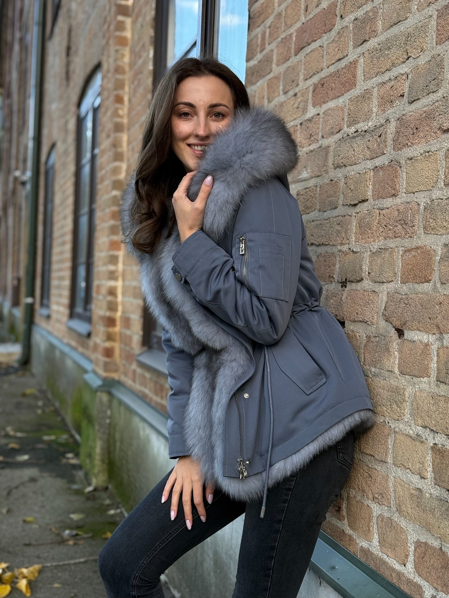 Parka Baltic XM Blue - grey with Grey Artic fur and lining REX Rabbit Fur for women 70 cm