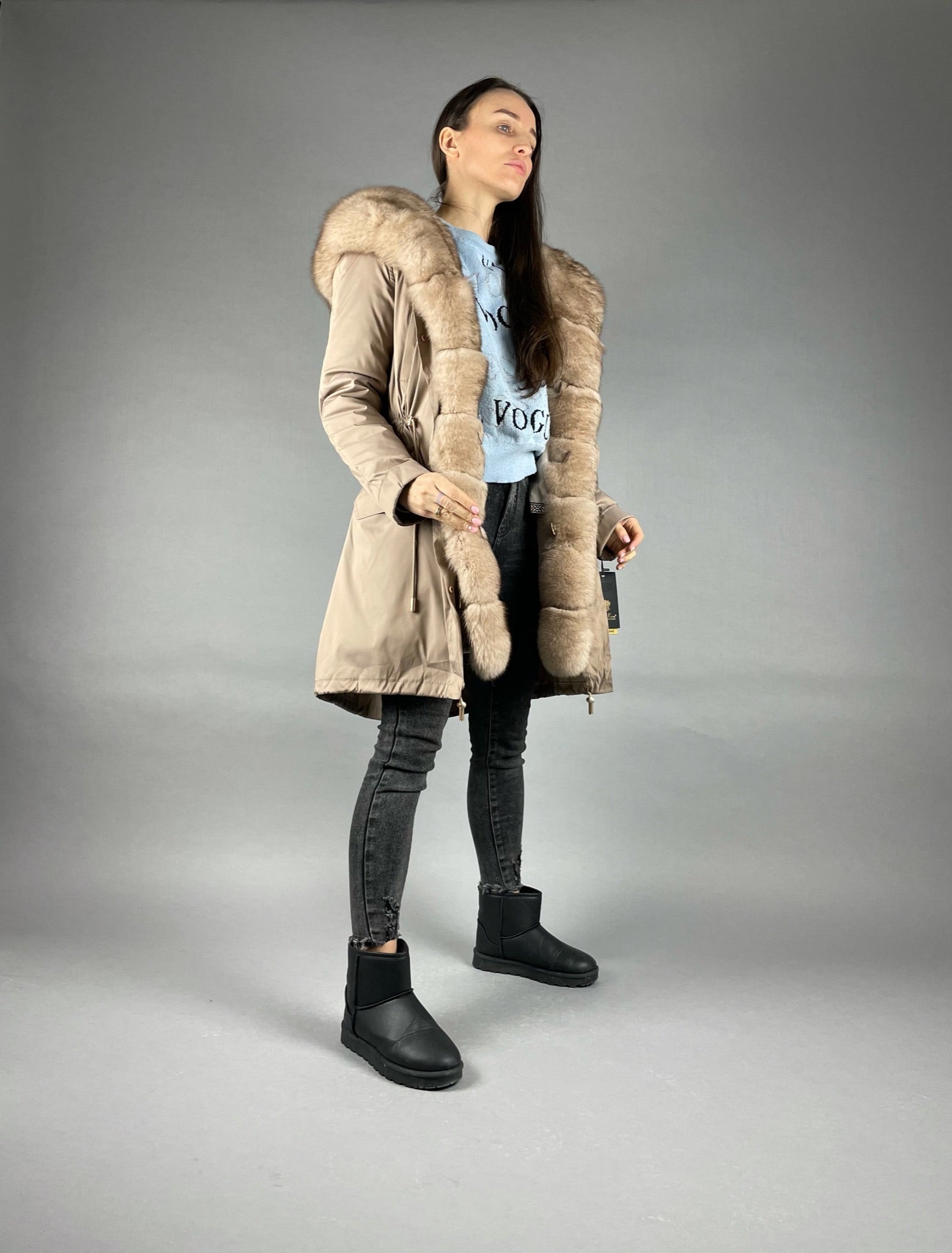 Parka LUX Camel (92) with white-yellow fur (M66) / Rex for women 95 cm