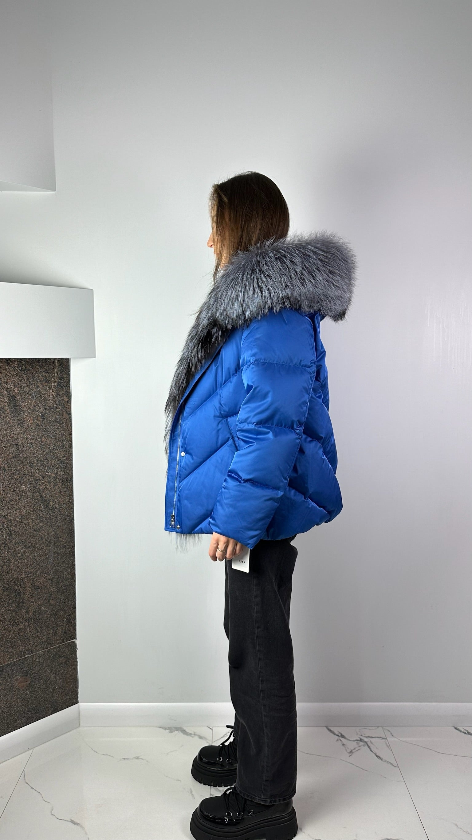 Elektic blue Down Jacket with silver fox fur for woman Baltic 70 cm