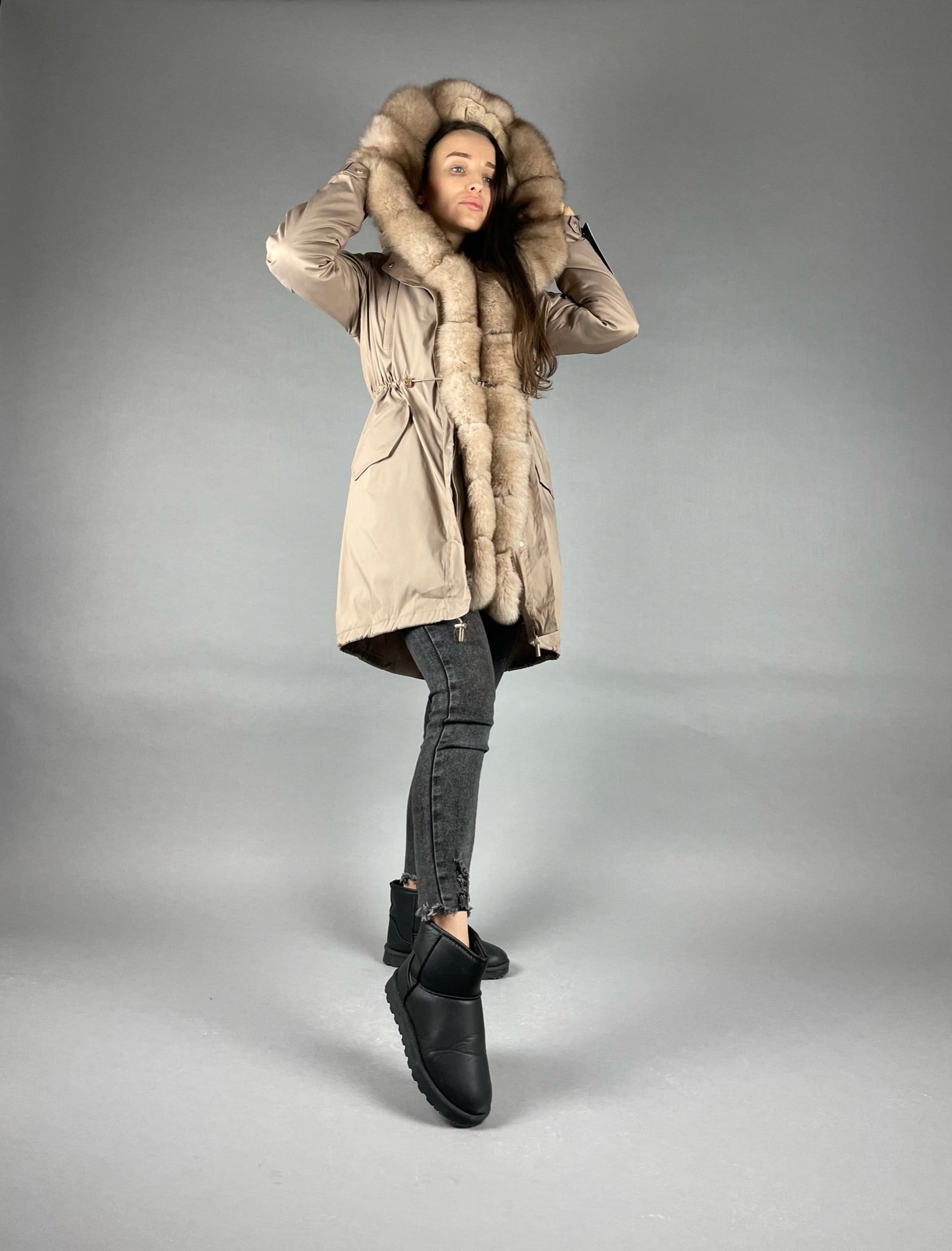 Parka LUX Camel (92) with white-yellow fur (M66) / Rex for women 95 cm