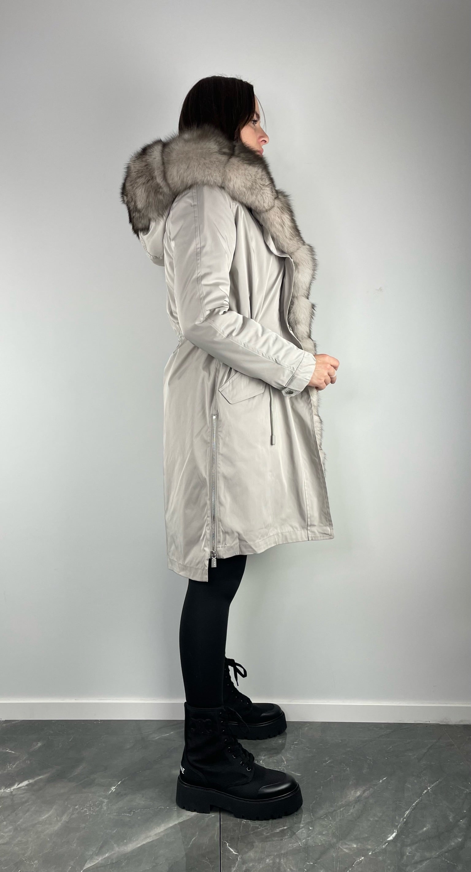 Parka LUX Light Grey (222) with white-black fur (M16) / Rex for women 95 cm