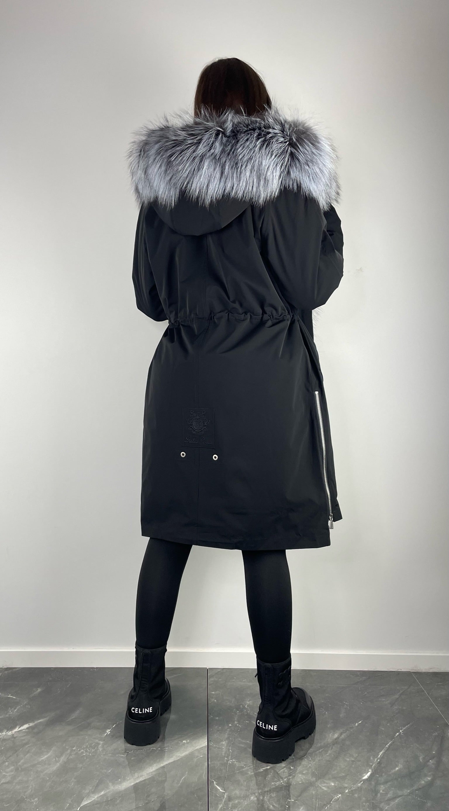 Parka LUX Black (BF99) with Silver fox fur (M11) / Rex for woman 95 сm
