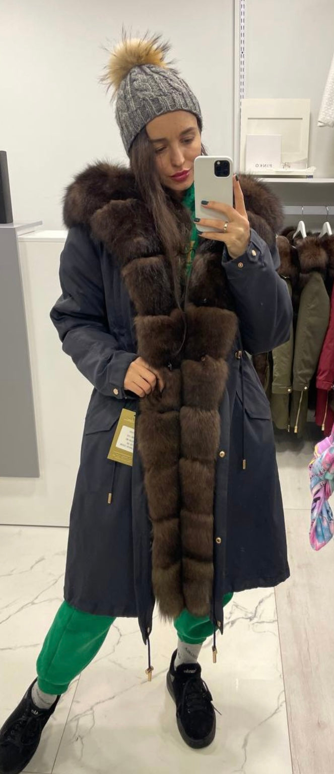 Parka LUX Dark blue with Brown Artic fur and Rex Rabbit Fur for women 103 cm