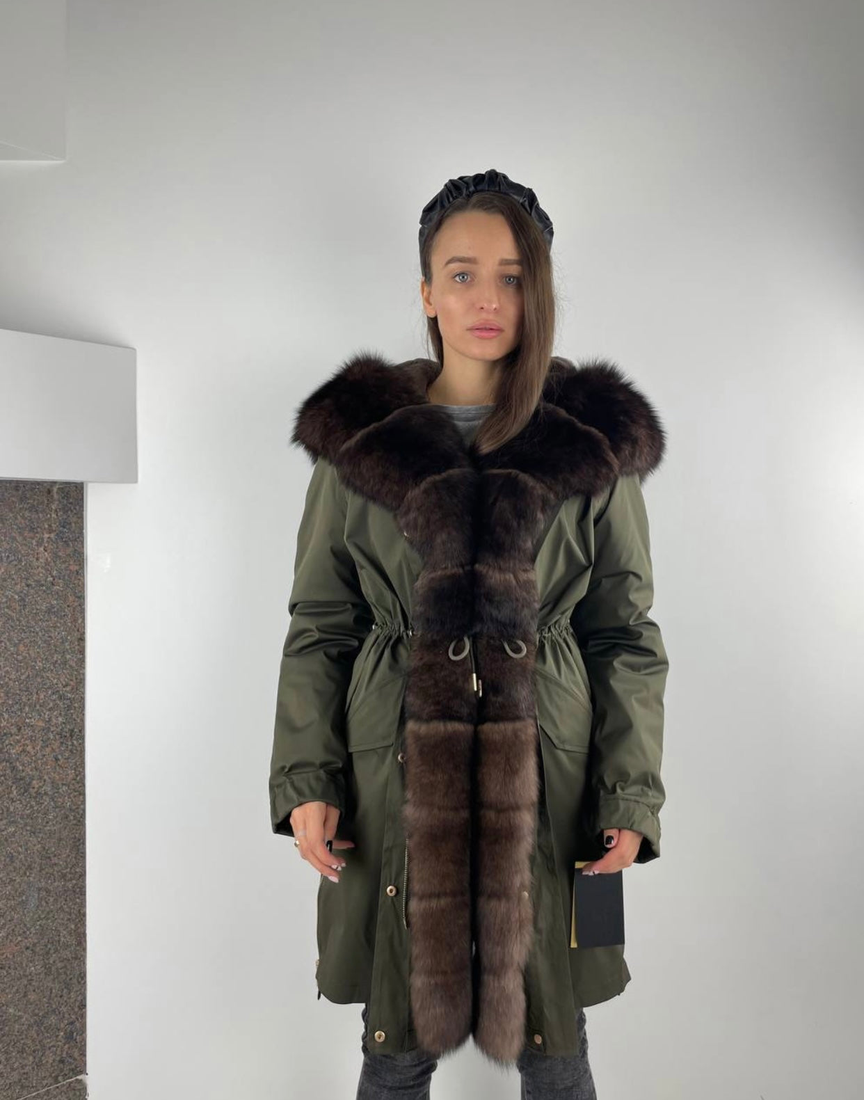 Women's PARKA LUX Green (103) / Brown fur (M3) / Rex for women 95 cm