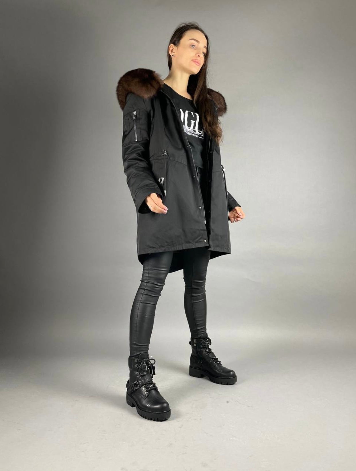 Parka Baltic XM Black ar brūnu Artic kažokādu un oderi REX Rabbit Fur Unisex 80 cm