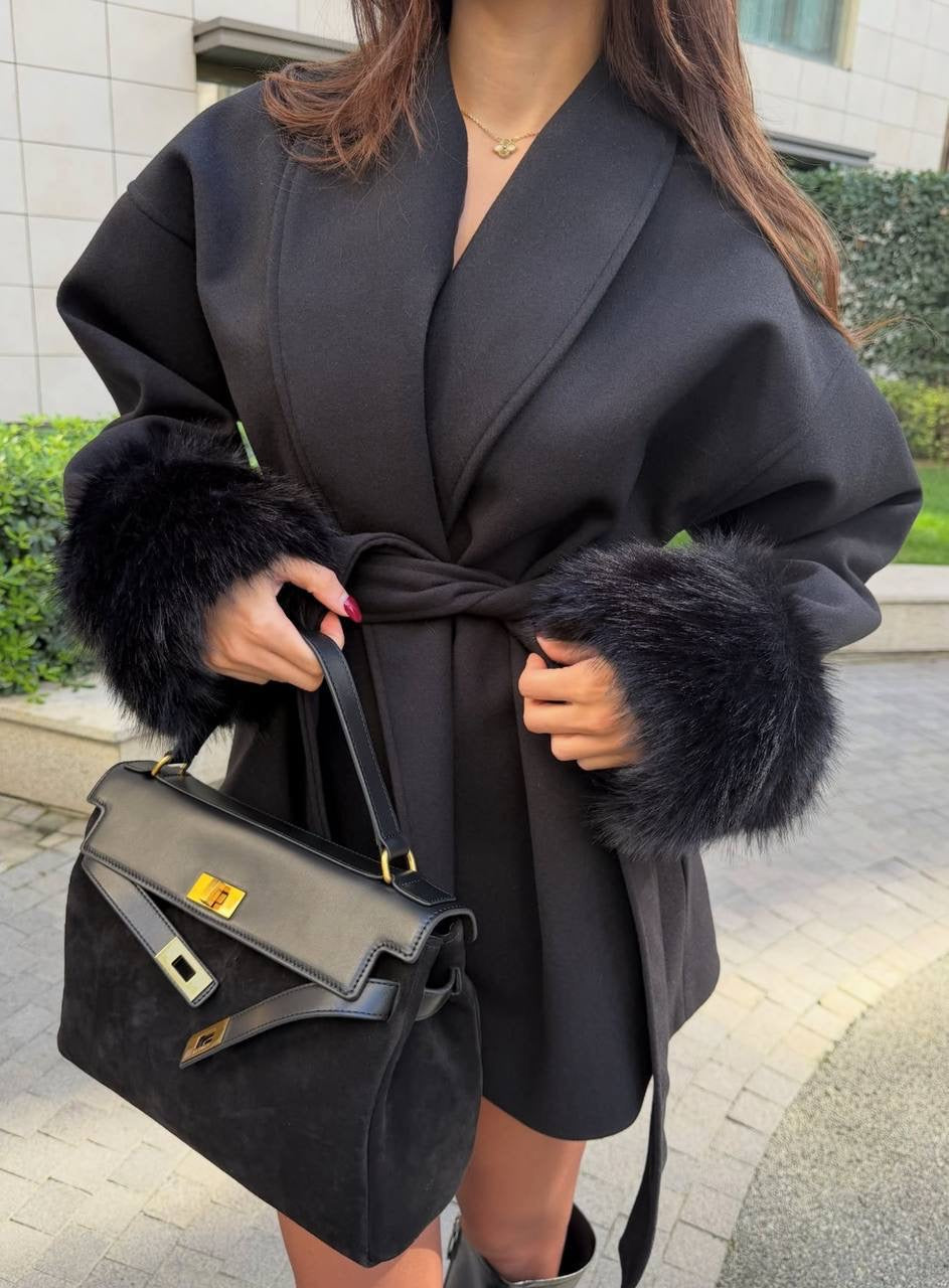 Oversized Wool Blend Coat with Faux Fur Cuffs