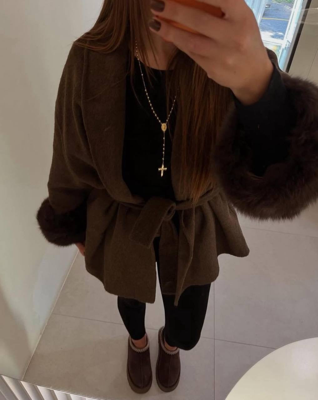 Oversized Wool Blend Coat with Faux Fur Cuffs