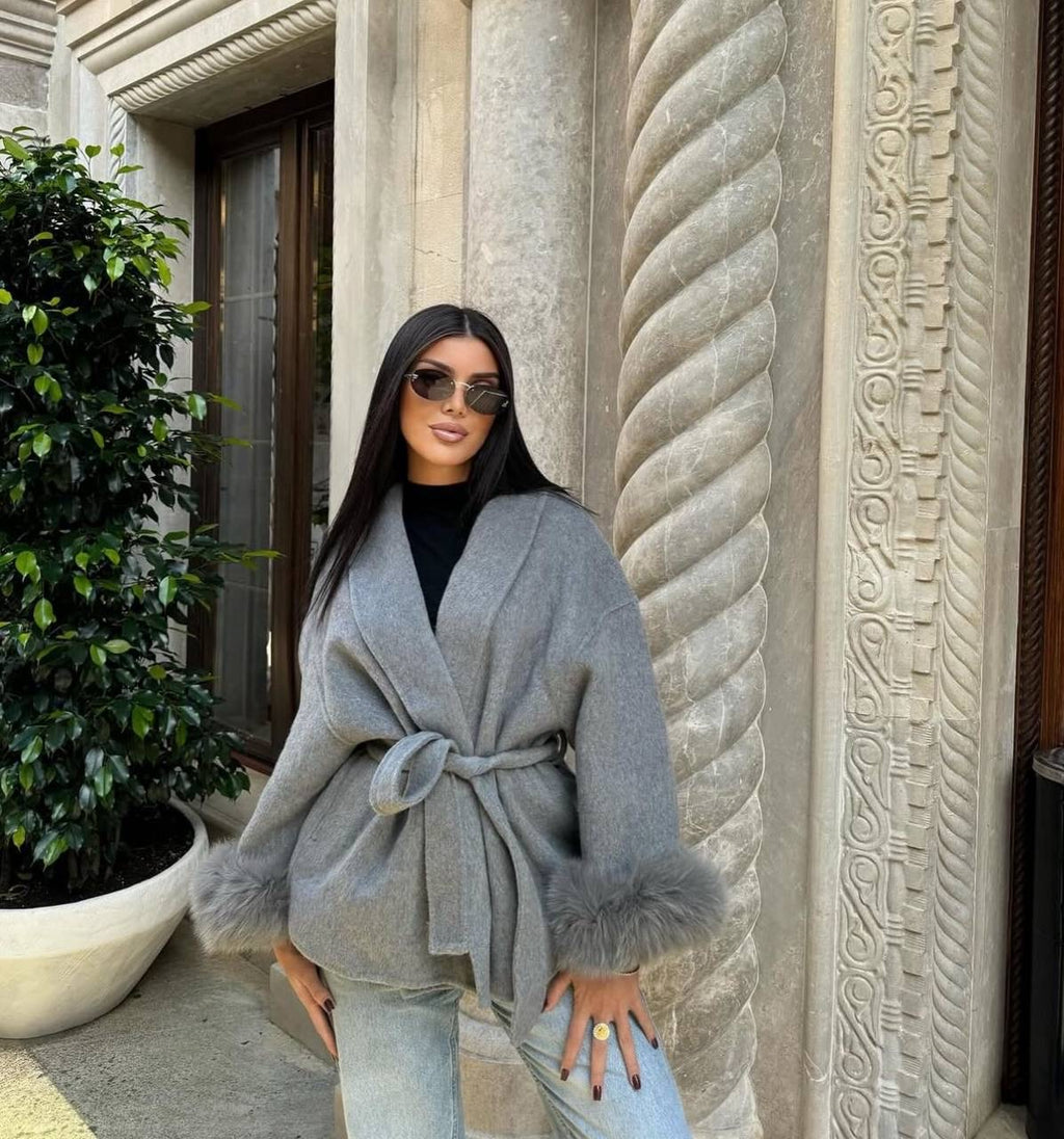 Oversized Wool Blend Coat with Faux Fur Cuffs