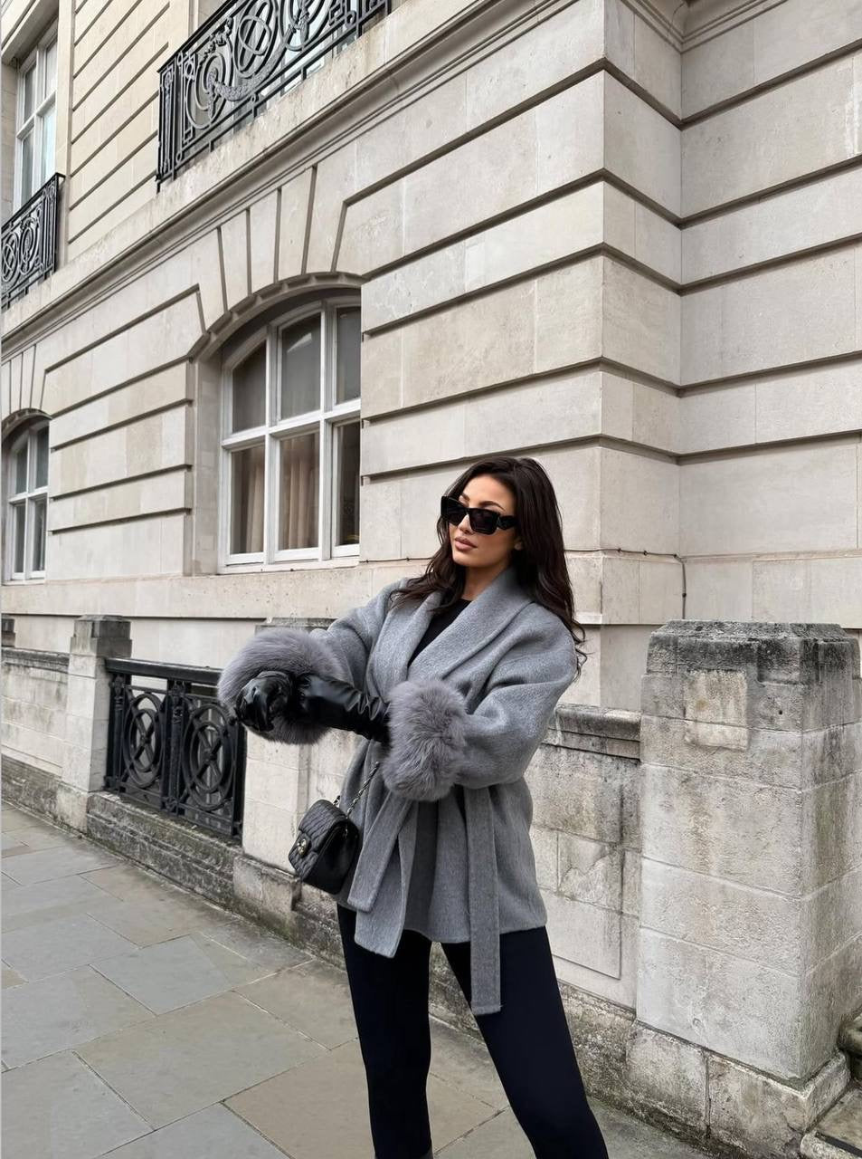 Oversized Wool Blend Coat with Faux Fur Cuffs