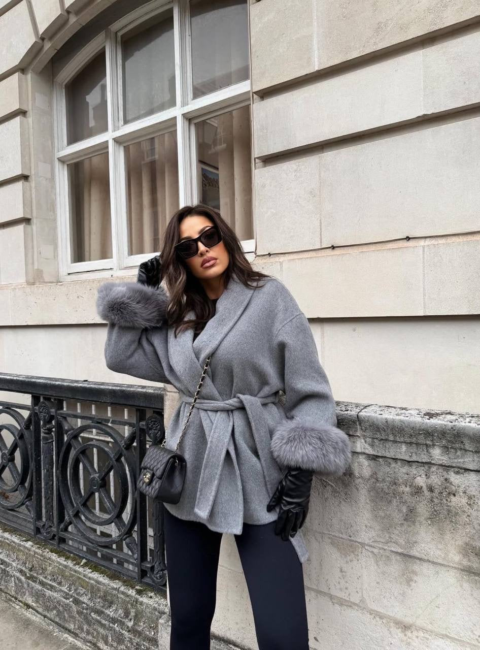 Oversized Wool Blend Coat with Faux Fur Cuffs