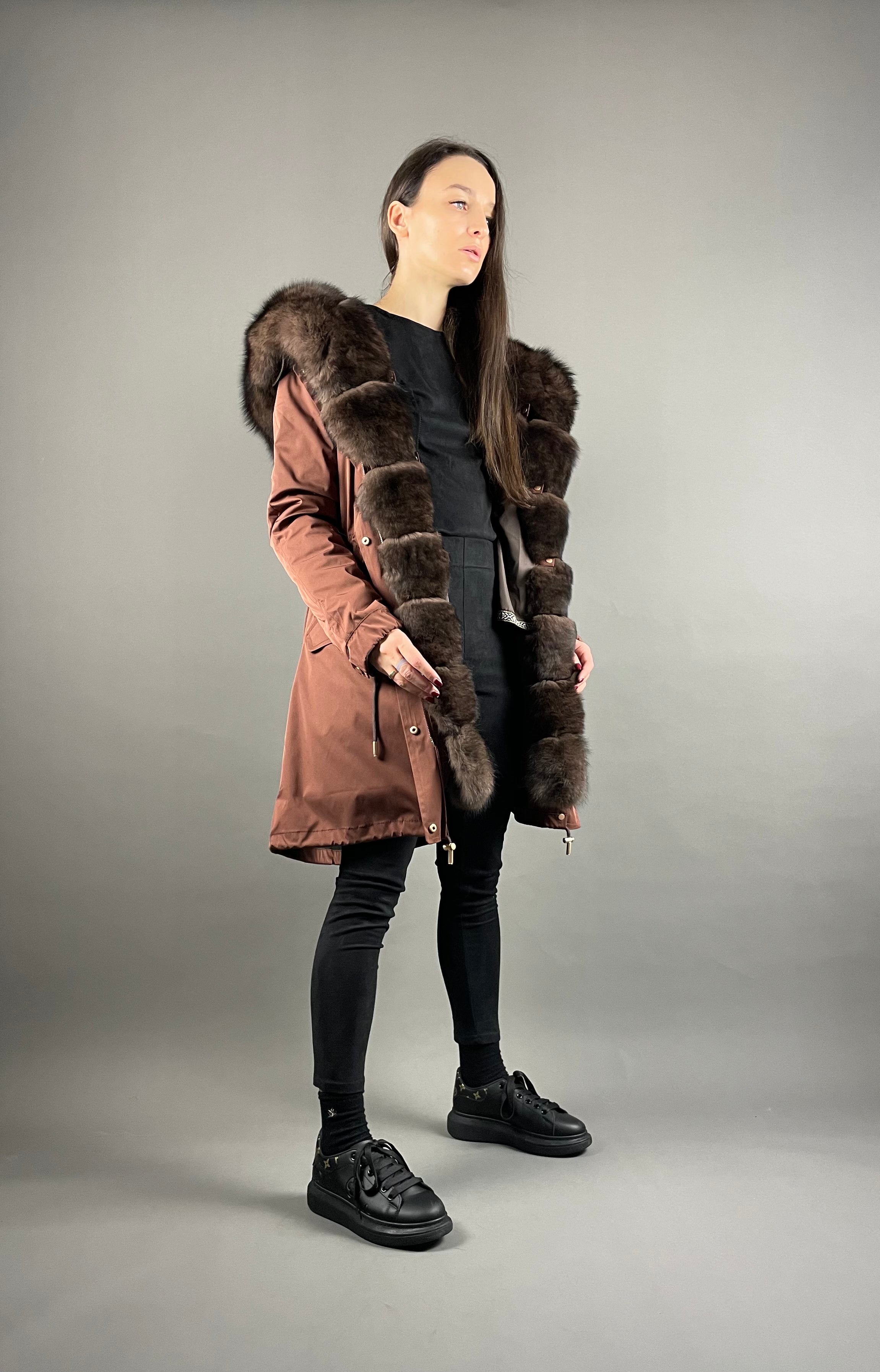 PARKA LUX Bronze (RO812-4) with Brown fur (M3) / Rex for women 95 cm