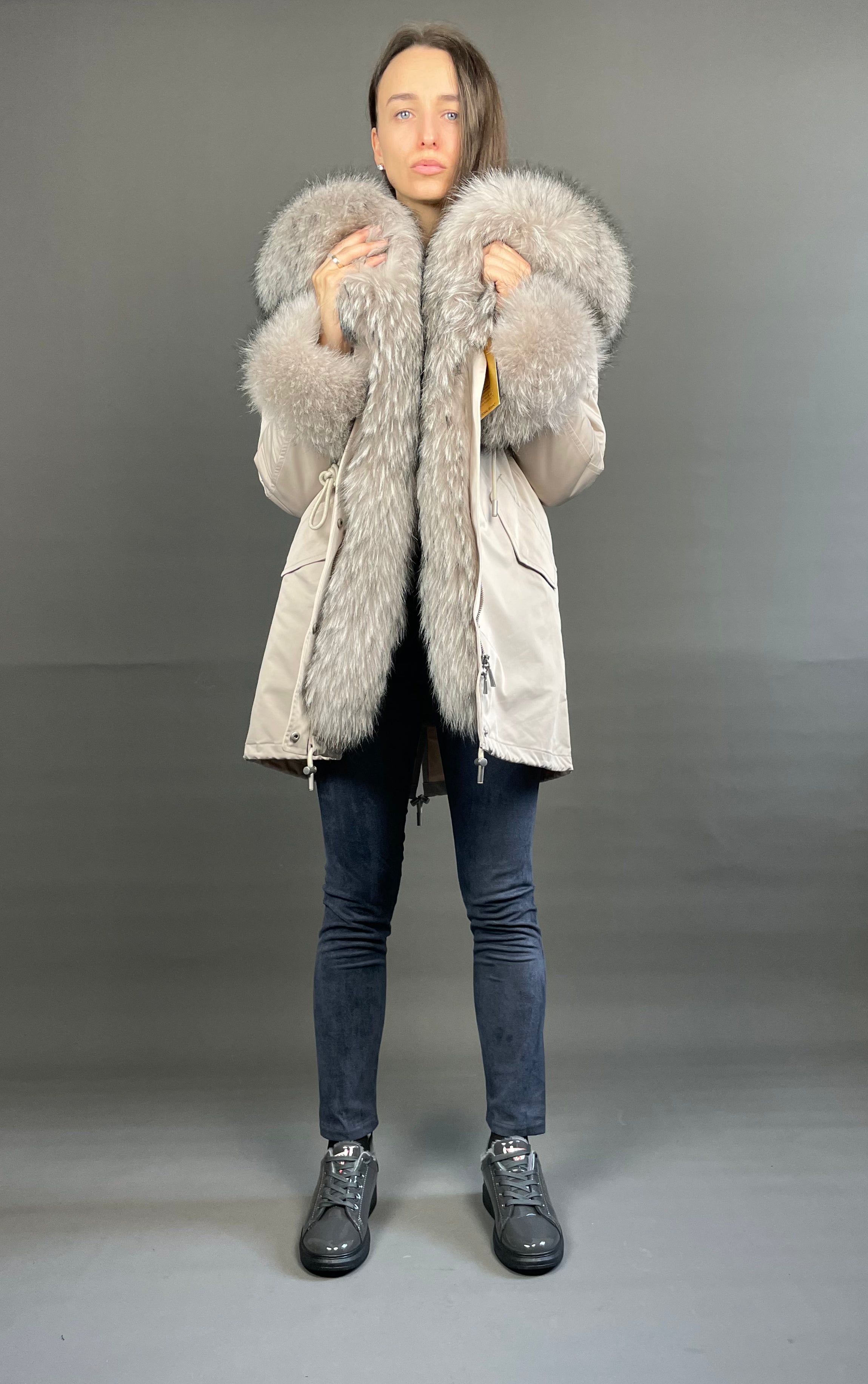 Parka LUX Beige (23) / Beige Raccoon fur (M55) / Rex for women 95 cm
