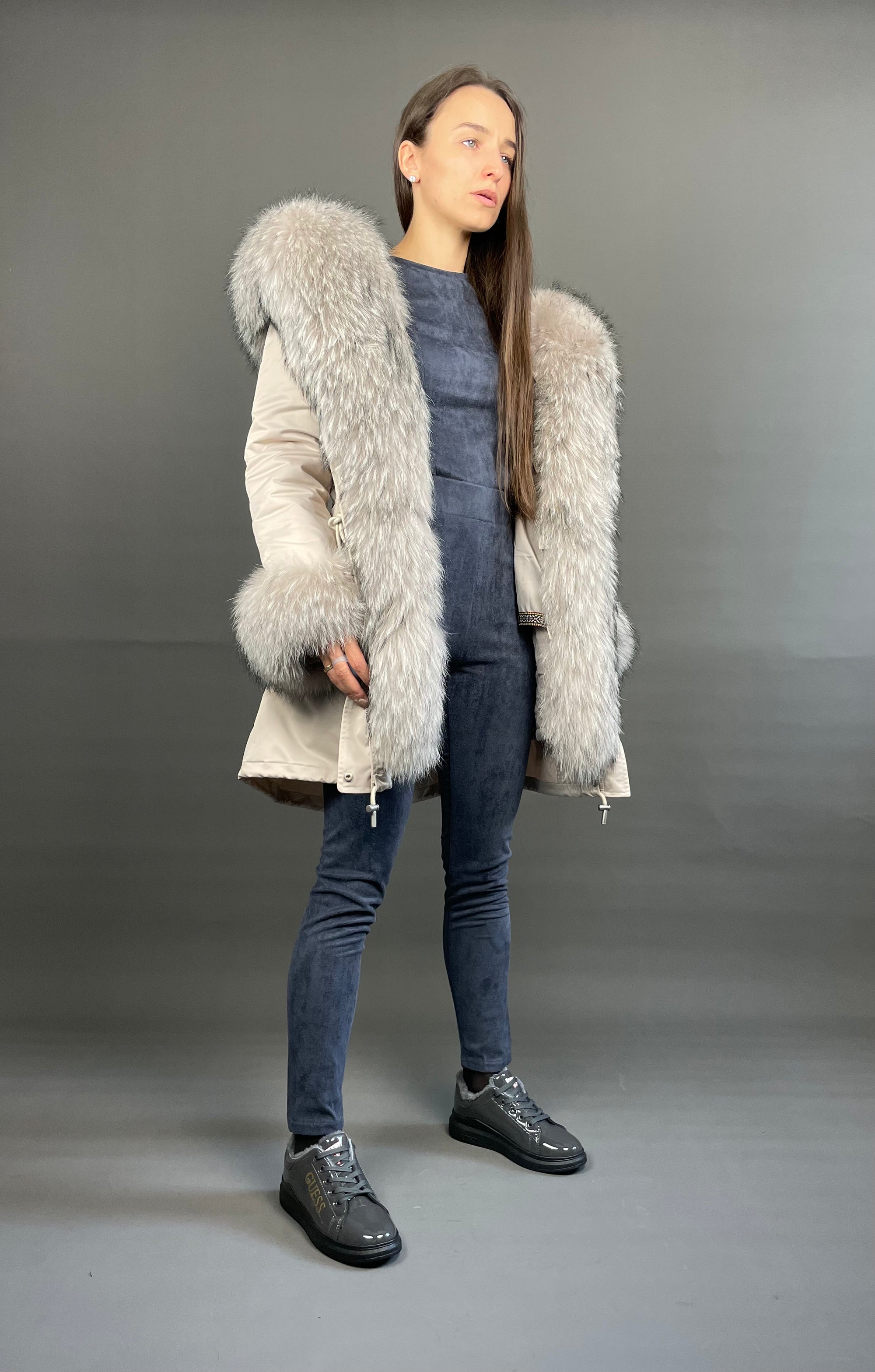Parka LUX Beige (23) / Beige Jenots kažokāda (M55) / Rex sievietēm 95 cm