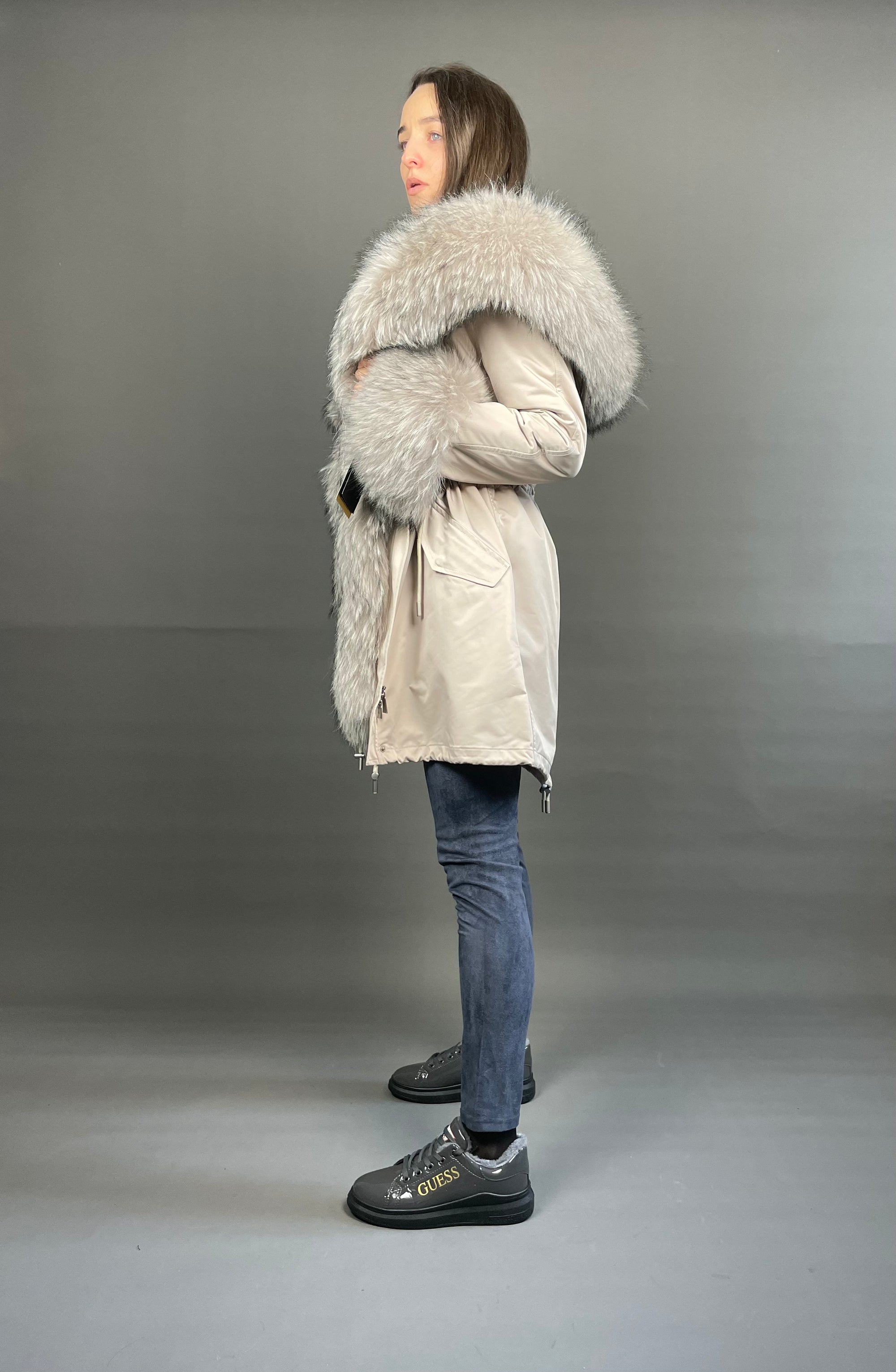 Parka LUX Beige (23) / Beige Jenots kažokāda (M55) / Rex sievietēm 95 cm