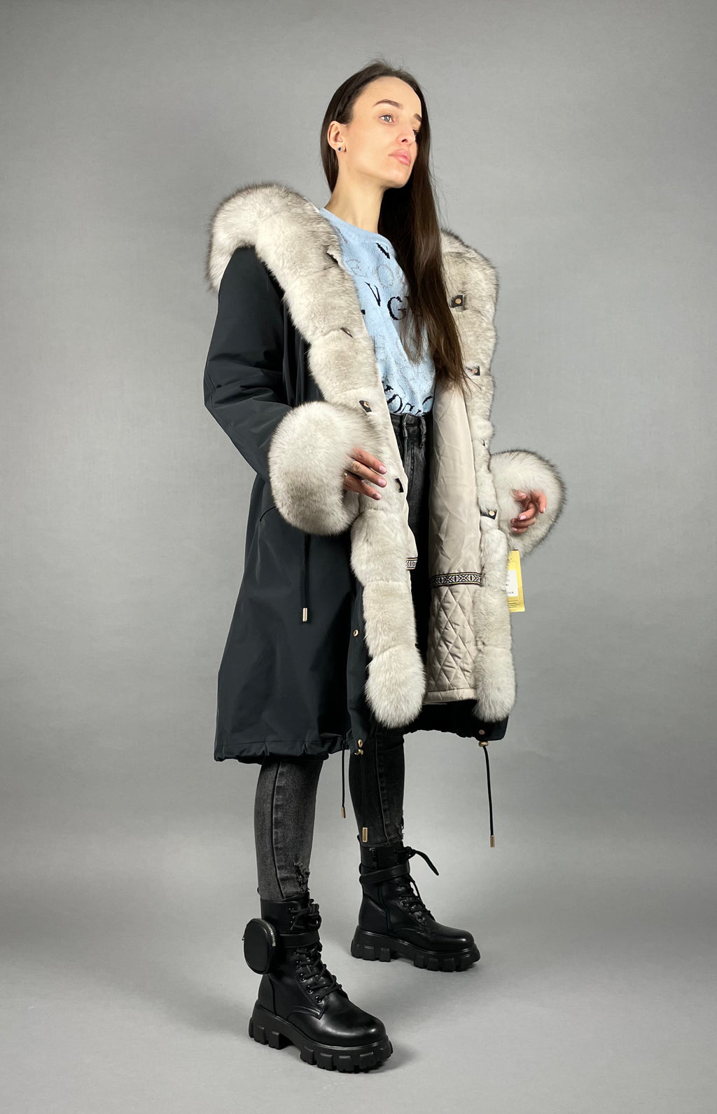 PARKA LUX Graphite color (BF14) with White fox fur (M4) / Rex for women 103 cm