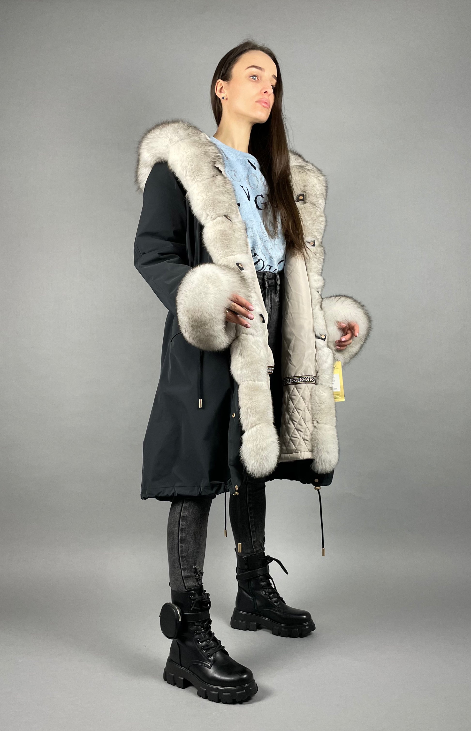 PARKA LUX Graphite color (BF14) with White fox fur (M4) / Rex for women 103 cm