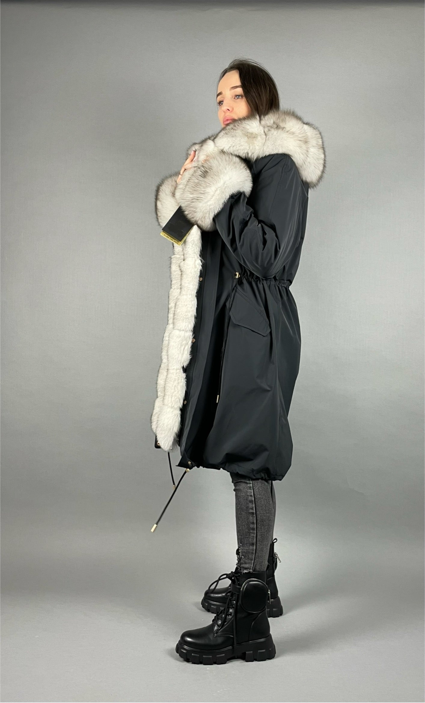 PARKA LUX Graphite color (BF14) with White fox fur (M4) / Rex for women 103 cm