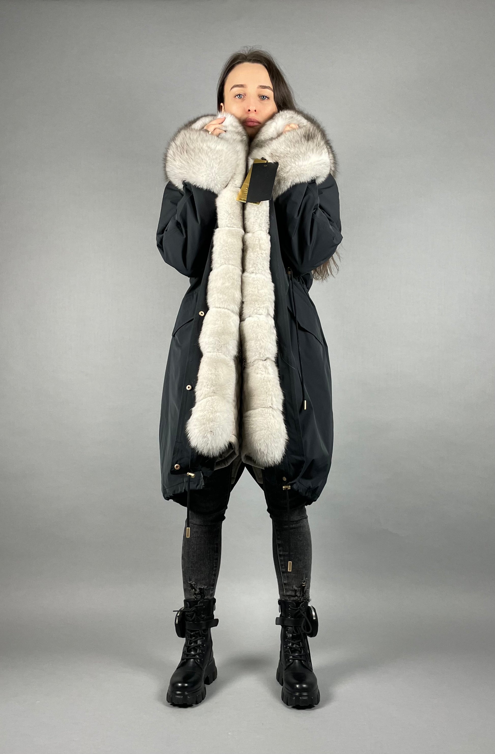 PARKA LUX Graphite color (BF14) with White fox fur (M4) / Rex for women 103 cm