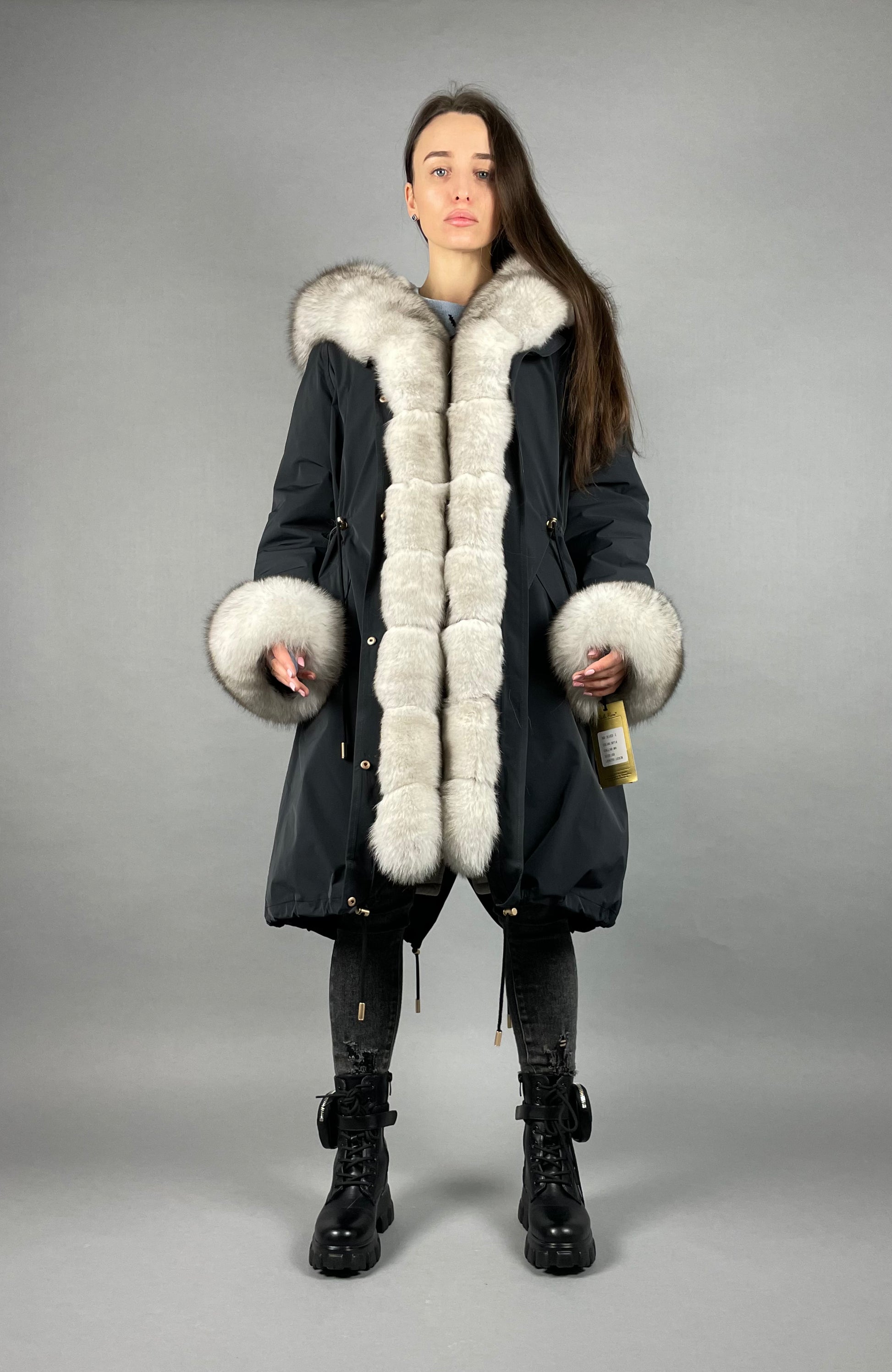 PARKA LUX Graphite color (BF14) with White fox fur (M4) / Rex for women 103 cm