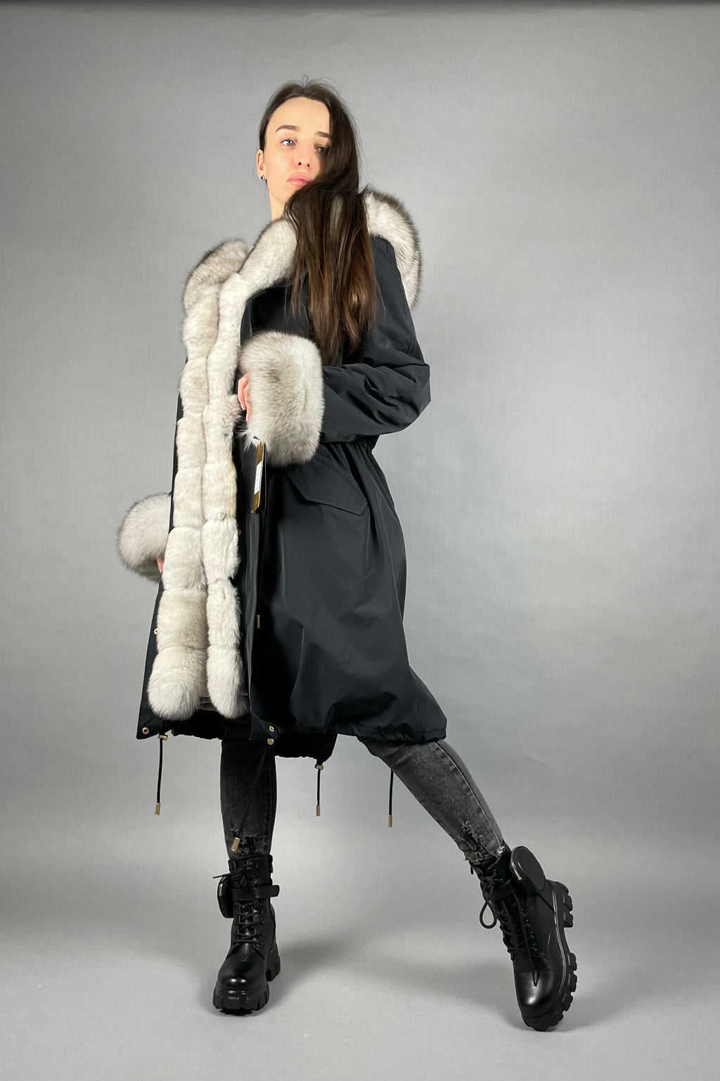 PARKA LUX Graphite color (BF14) with White fox fur (M4) / Rex for women 103 cm