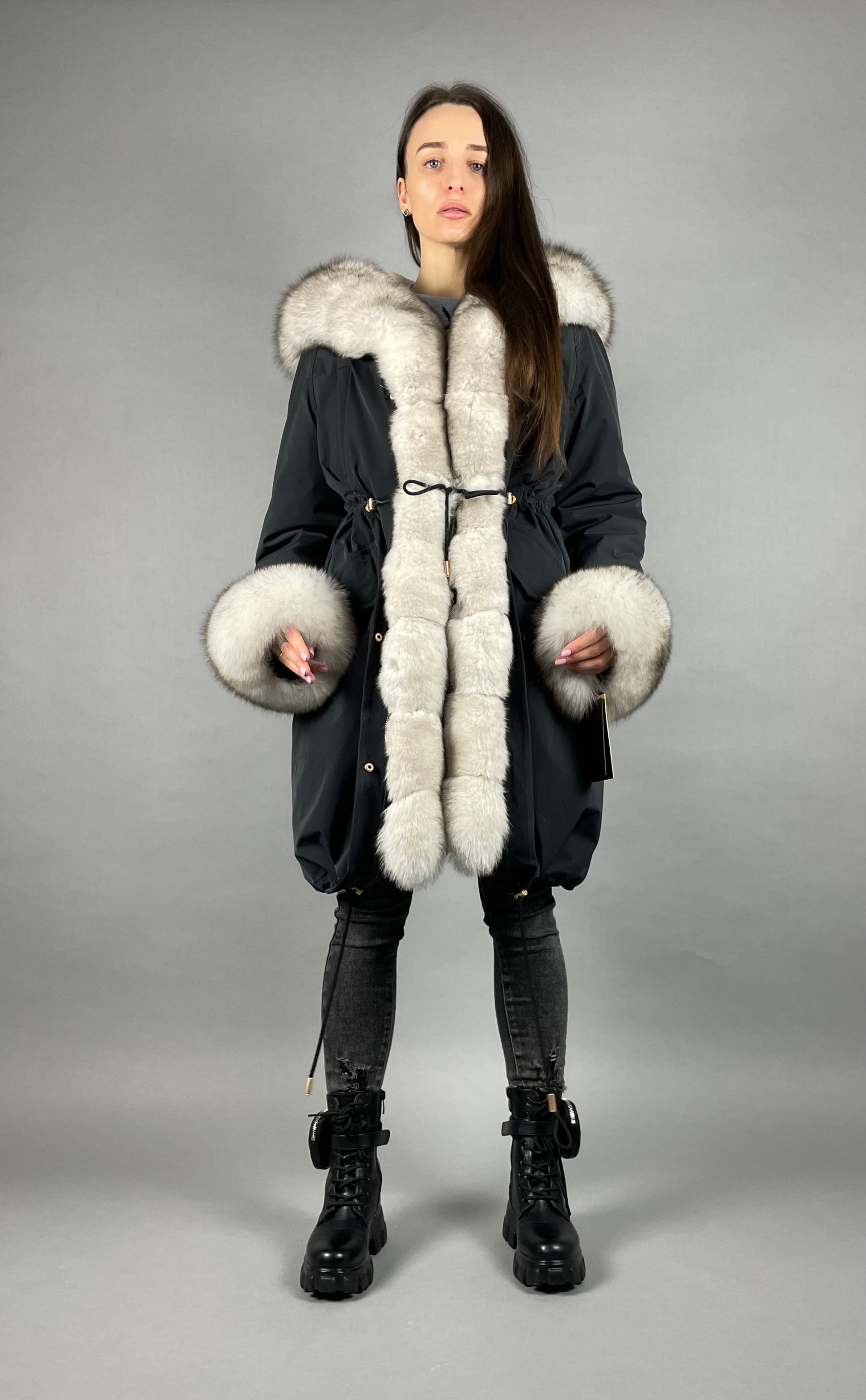 PARKA LUX Graphite color (BF14) with White fox fur (M4) / Rex for women 103 cm