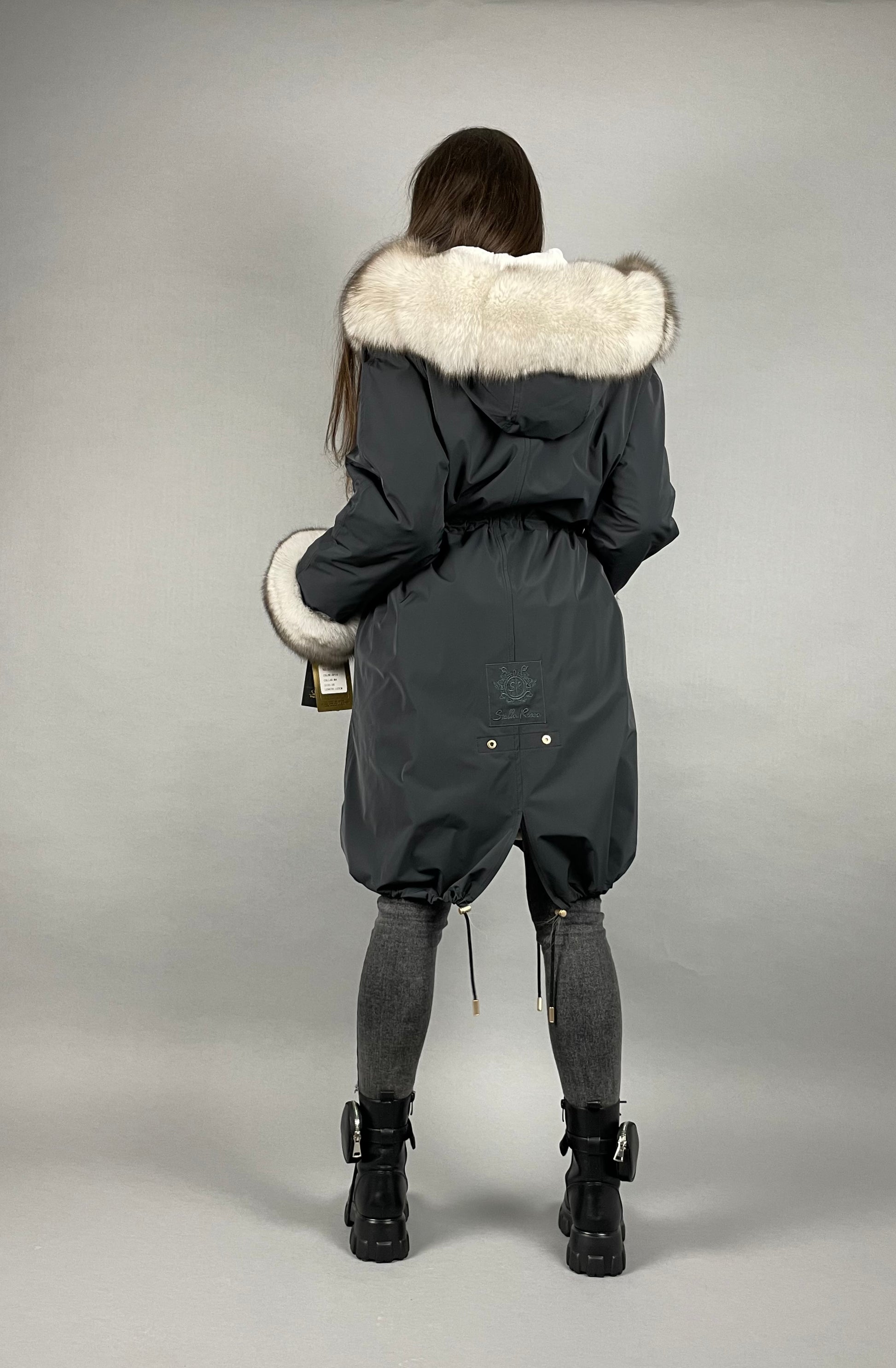 PARKA LUX Graphite color (BF14) with White fox fur (M4) / Rex for women 103 cm