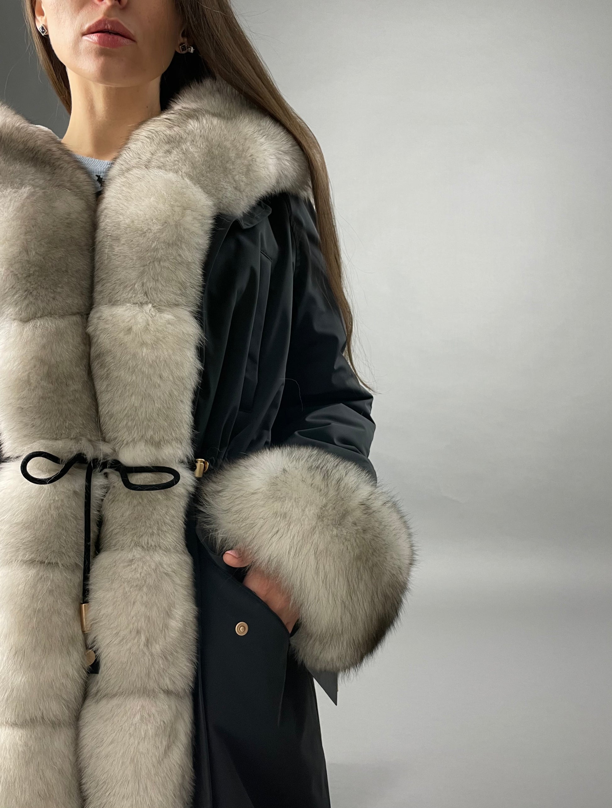 PARKA LUX Graphite color (BF14) with White fox fur (M4) / Rex for women 103 cm