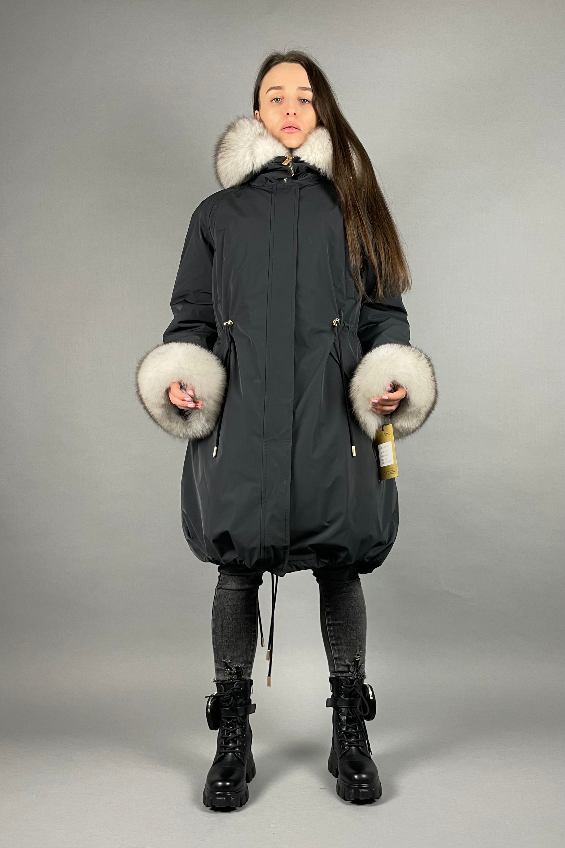 PARKA LUX Graphite color (BF14) with White fox fur (M4) / Rex for women 103 cm