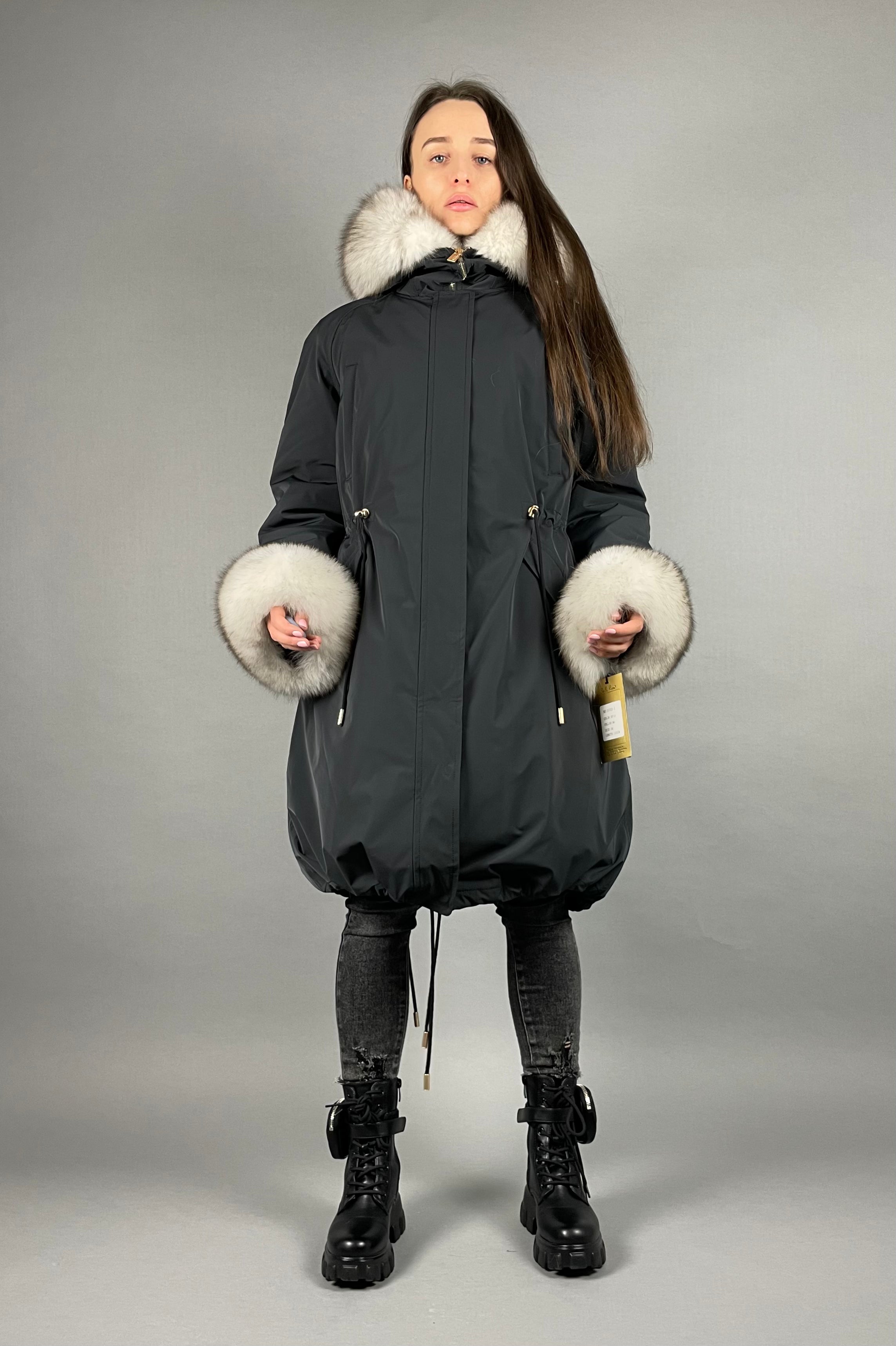PARKA LUX Graphite color (BF14) with White fox fur (M4) / Rex for women 103 cm