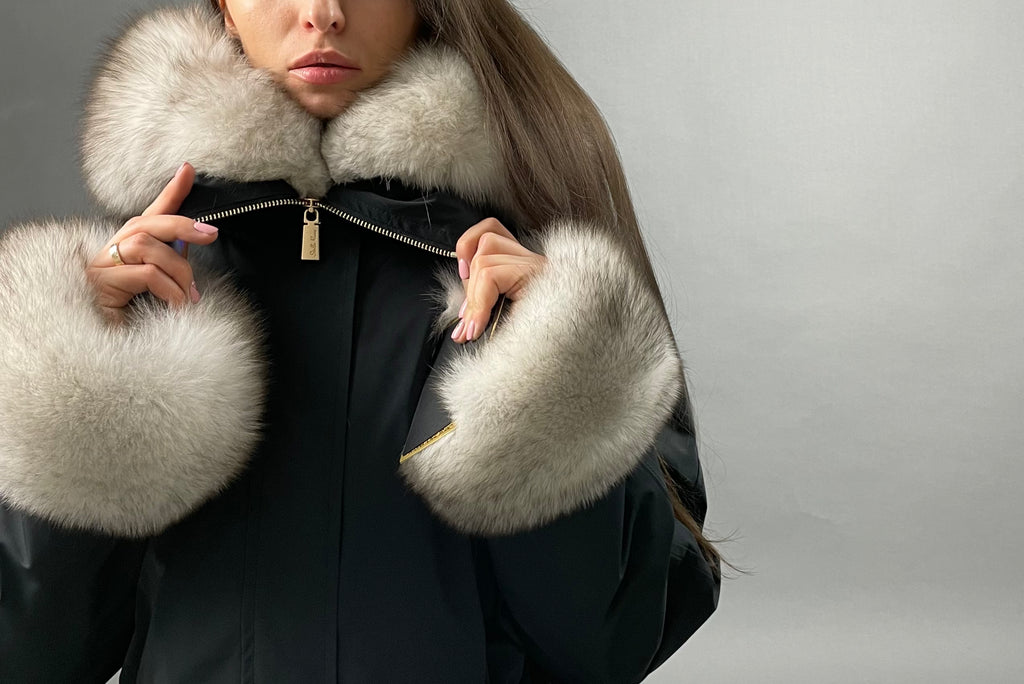 PARKA LUX Graphite color (BF14) with White fox fur (M4) / Rex for women 103 cm