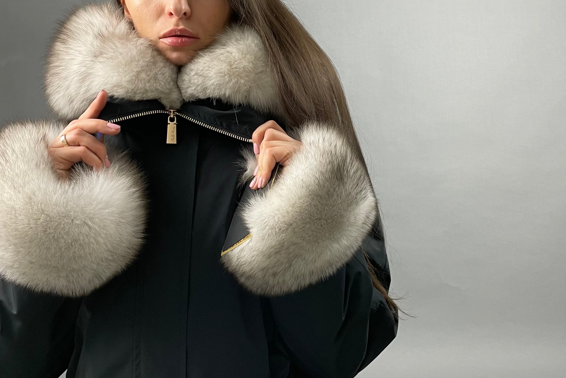 PARKA LUX Graphite color (BF14) with White fox fur (M4) / Rex for women 103 cm
