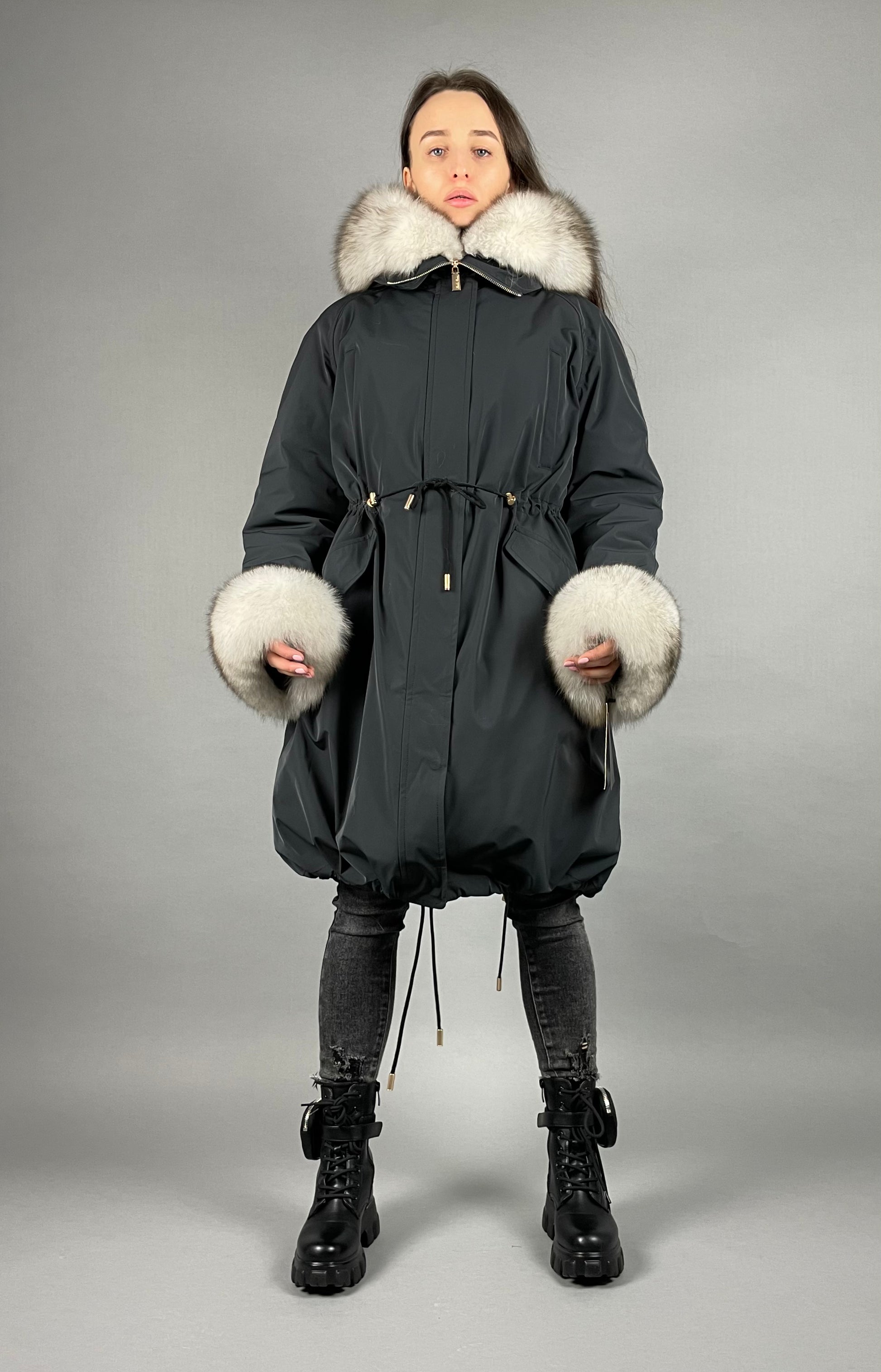 PARKA LUX Graphite color (BF14) with White fox fur (M4) / Rex for women 103 cm